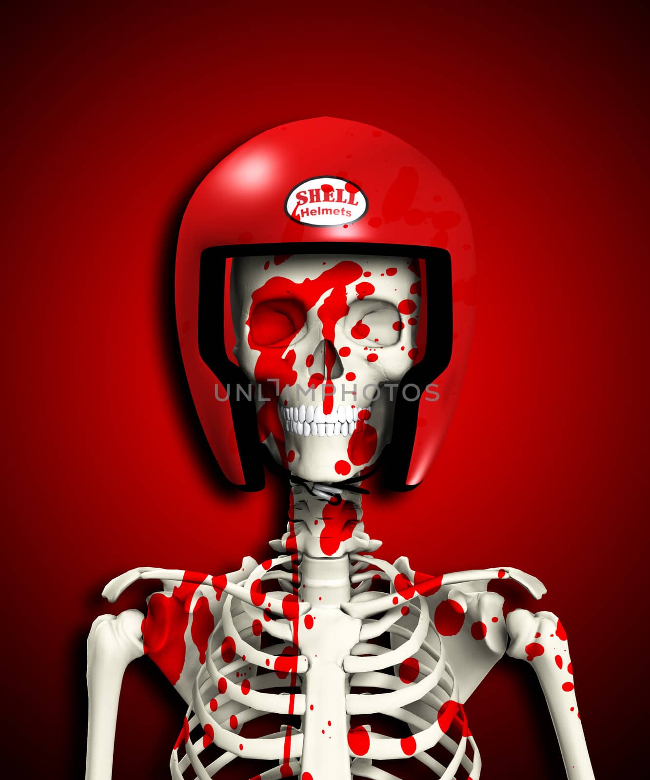 A bloody skeleton that is wearing a protective helmet.