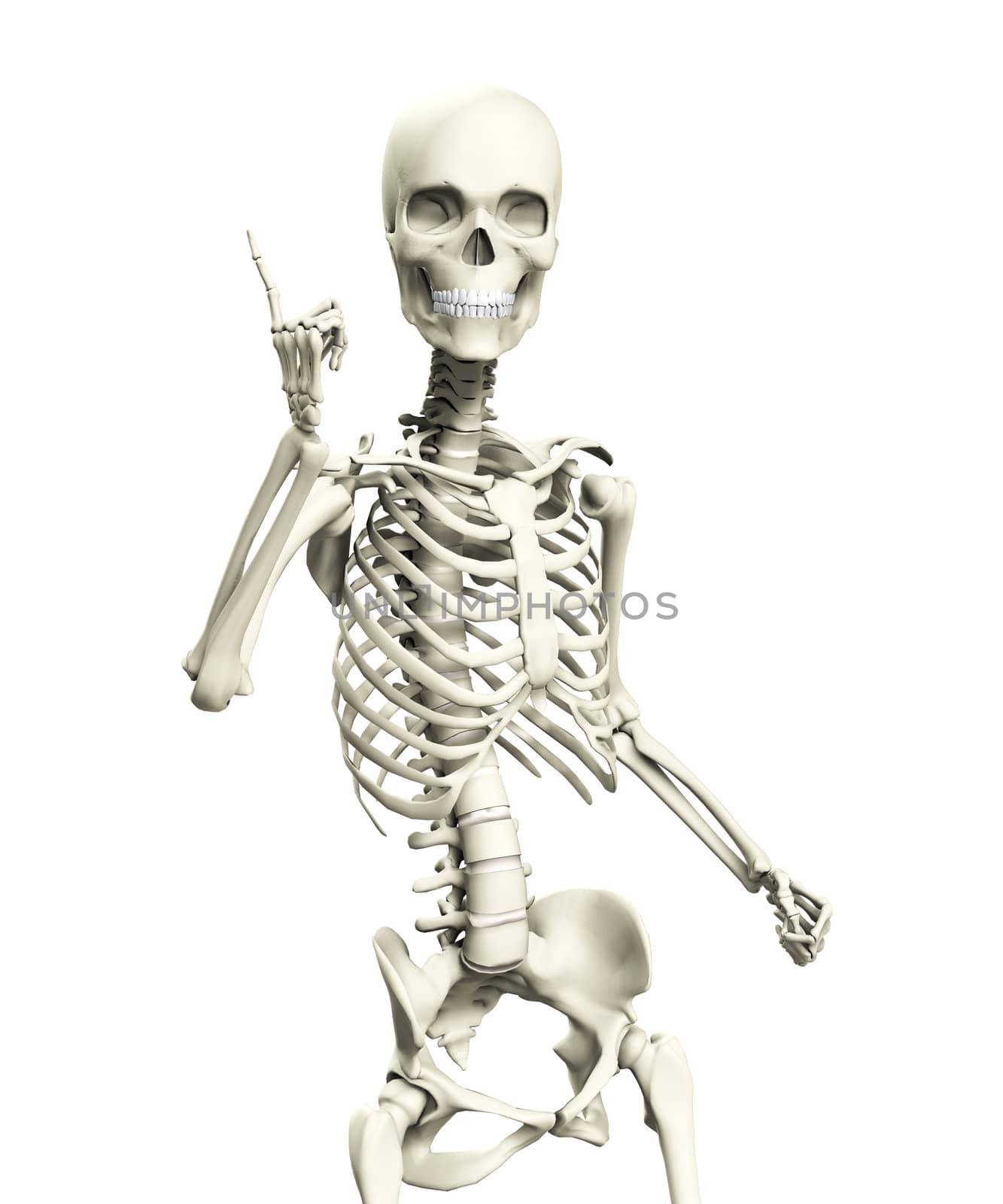 A skeleton that is posed in a very quizzical pose.