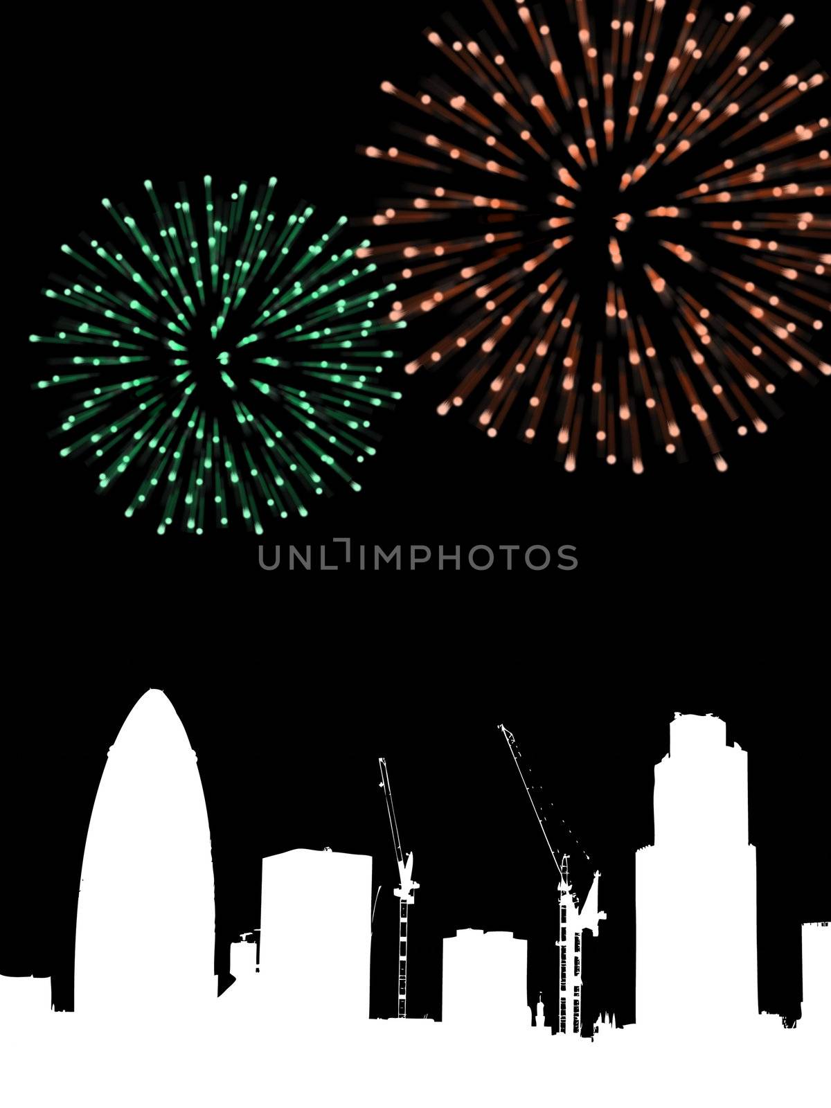 Fireworks going off over a silhouetted London.