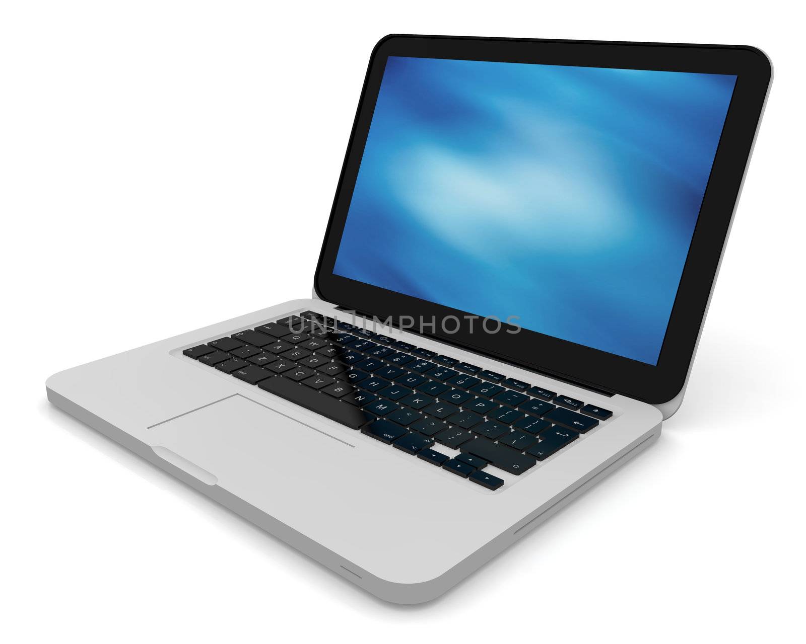 3D render of a silver unibody laptop with abstract blue screen