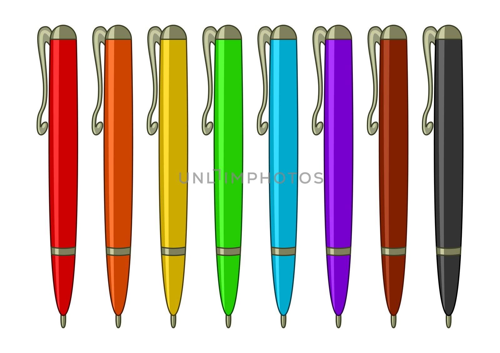 Pens, ball-points, multi-coloured set: six colours of a rainbow, brown and black