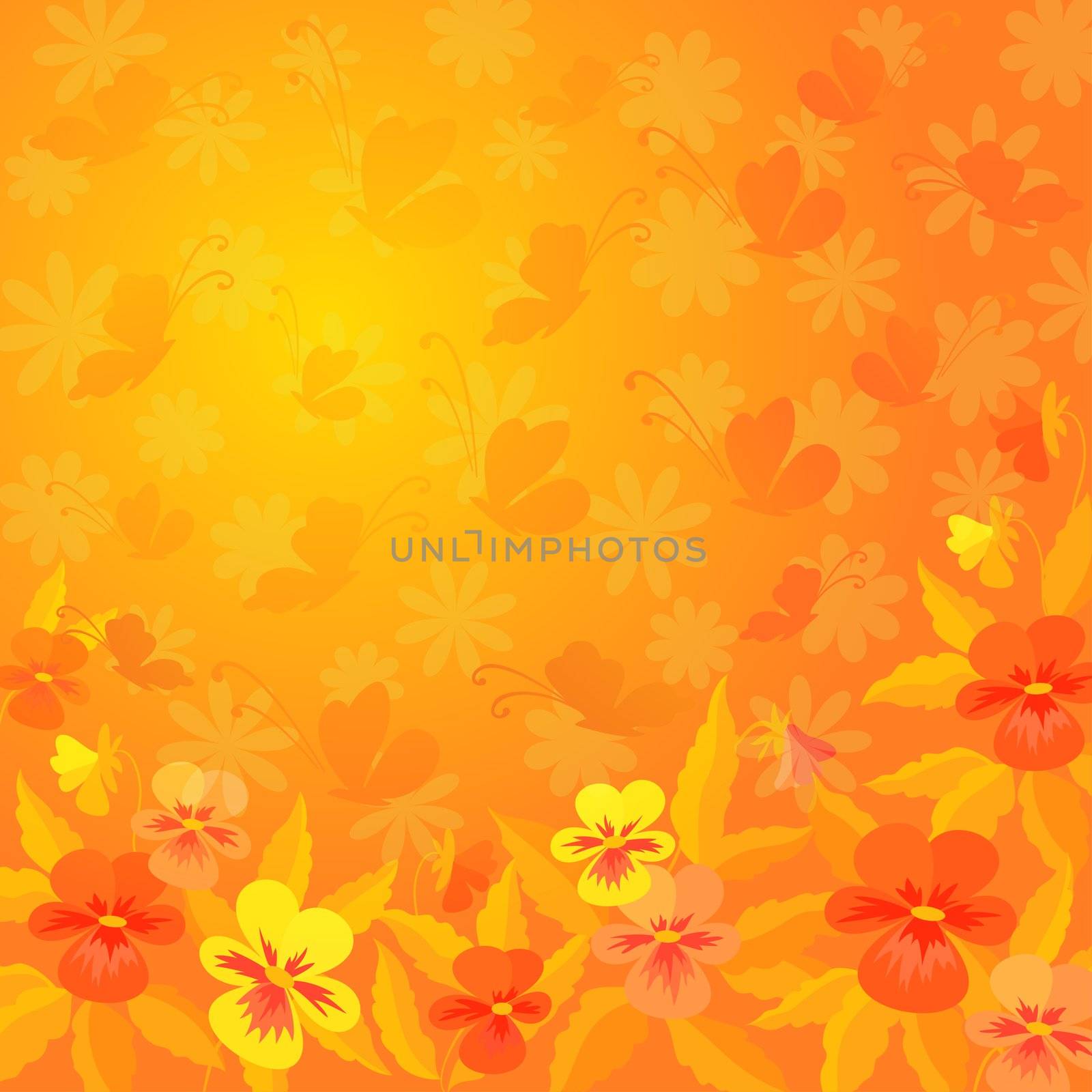 Abstract red, orange, and yellow background: pansies flowers and butterflies silhouettes