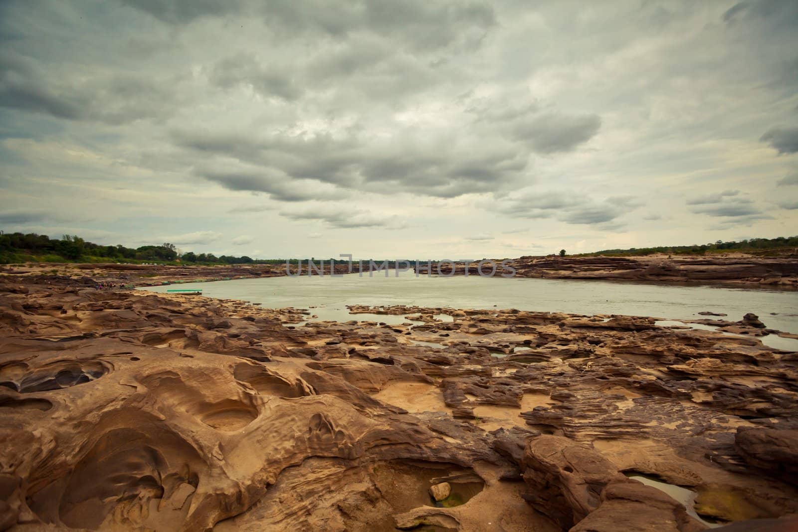 Sampanbok (3000 Hole), The Amazing of Rock in Mekong River, Ubon Ratchathani, Thailand.