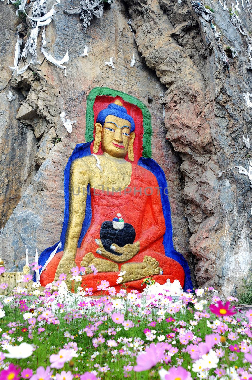 Ancient rock art of buddha painting in Lhasa Tibet