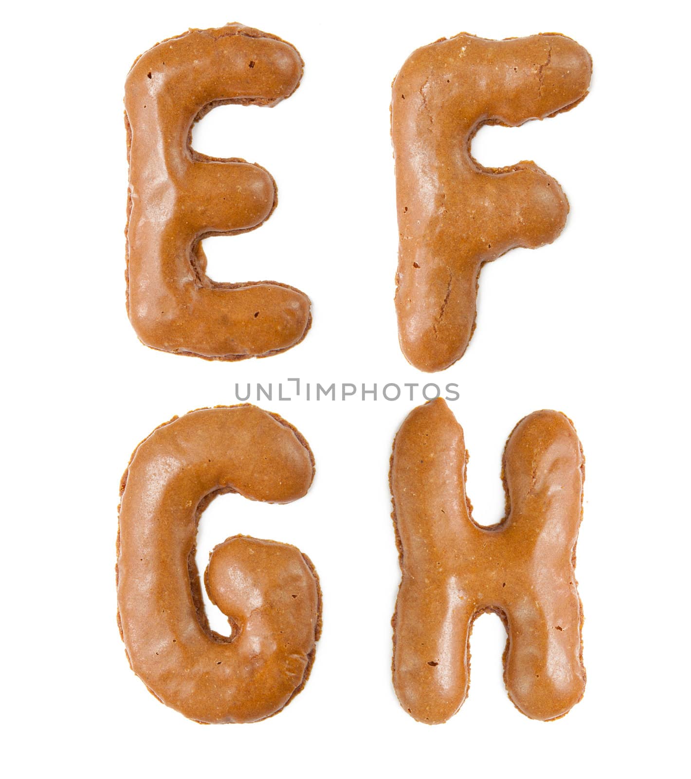 chocolate alphabet letters isolated on white background  ( E F G H ) 