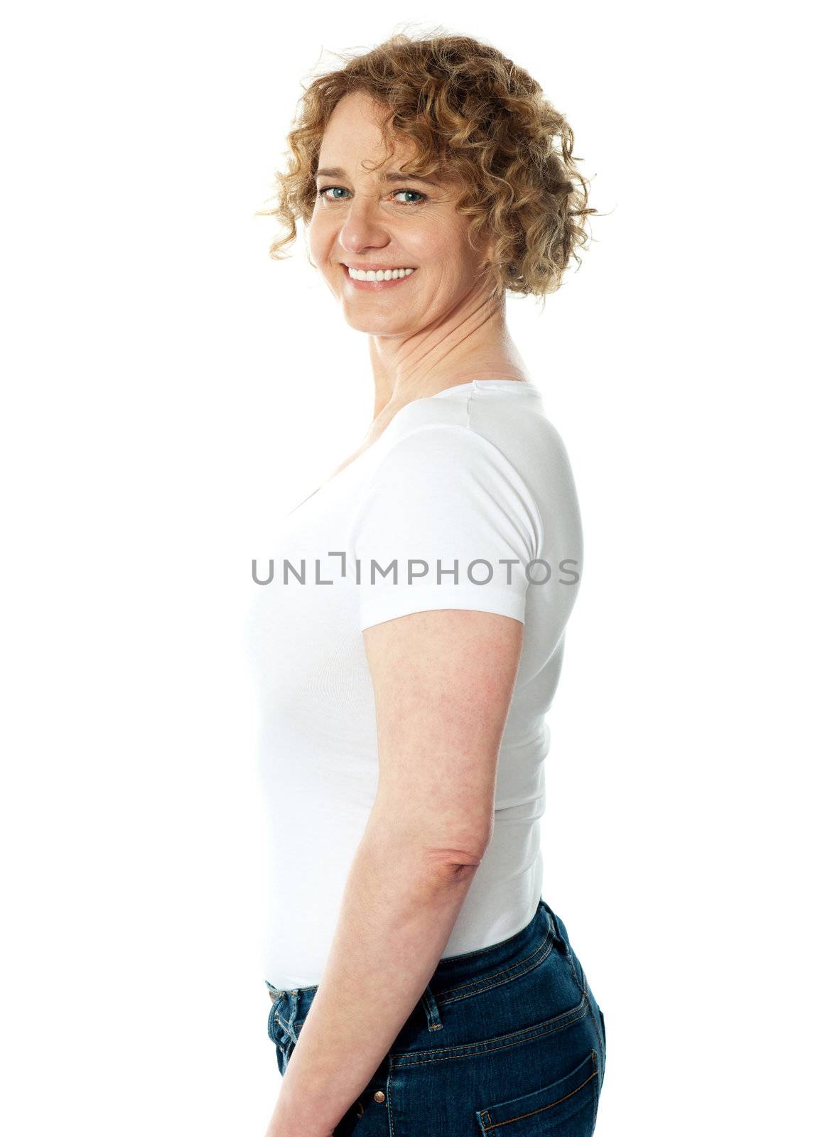 Side view of pretty caucasian woman, portrait. Isolated over white background