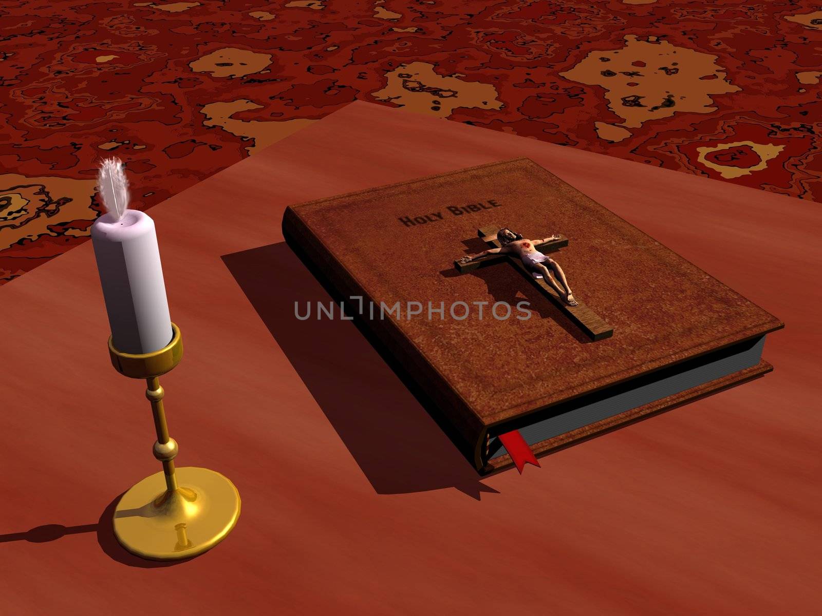 Bible with Jesus cross on it on a table next to a candle