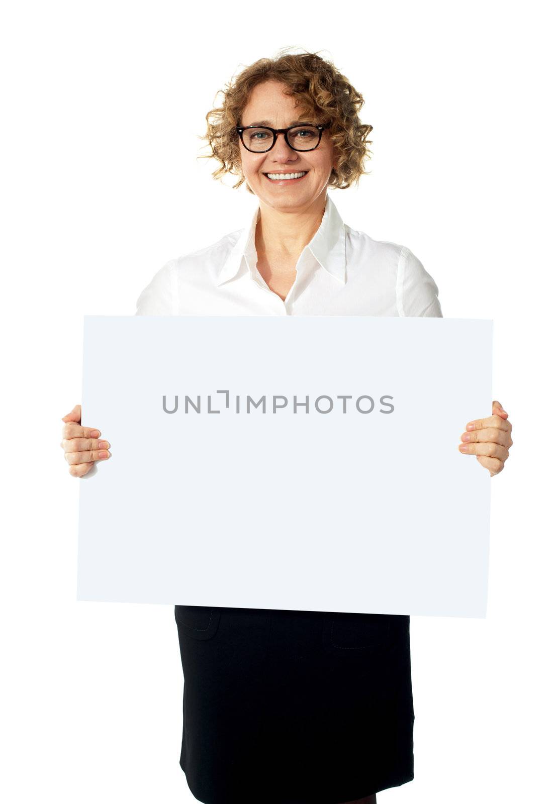 Caucasian businesswoman holding a blank billboard isolated on white background