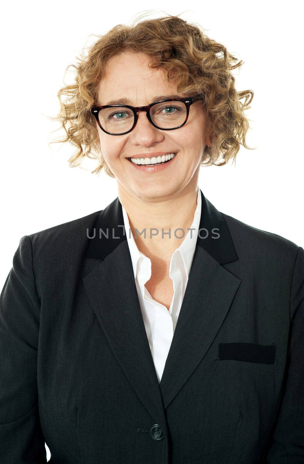 Cropped image of a curly haired business lady, closeup shot