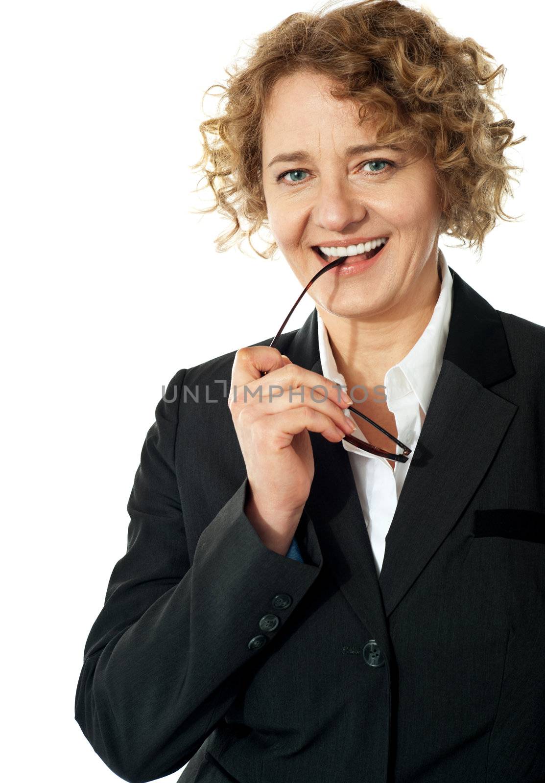 Senior lady posing with goggles, isolated over white