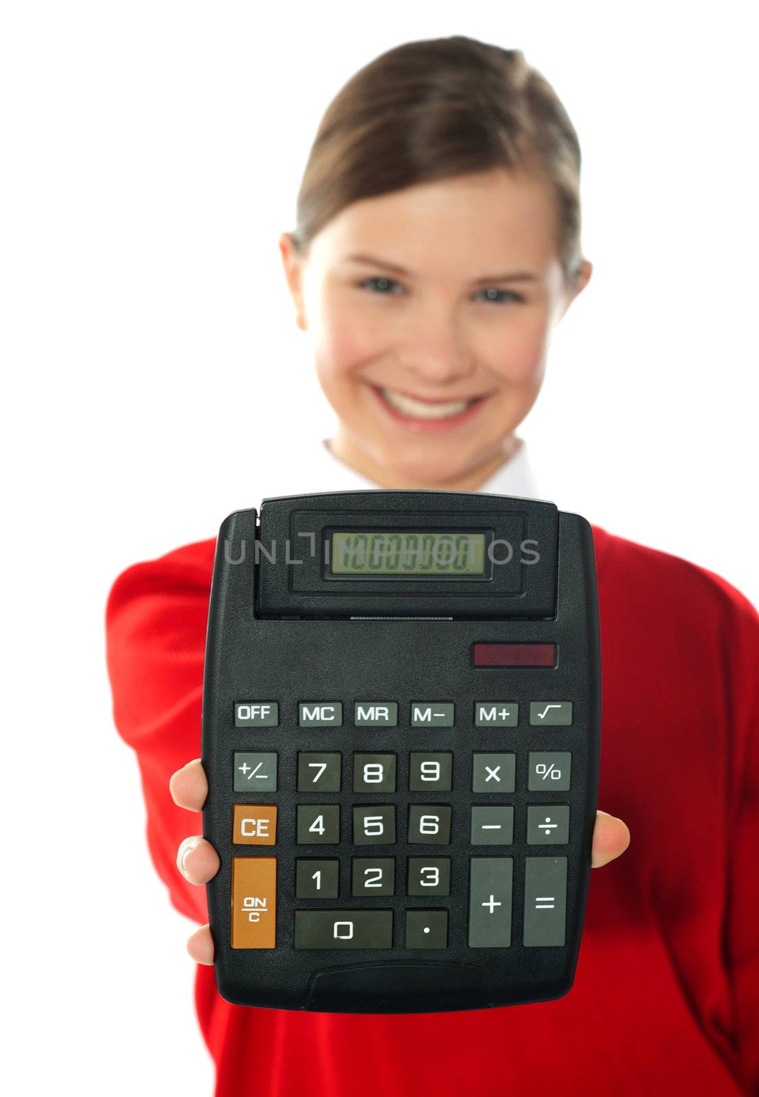 Smiling girl showing digital calculator to camera