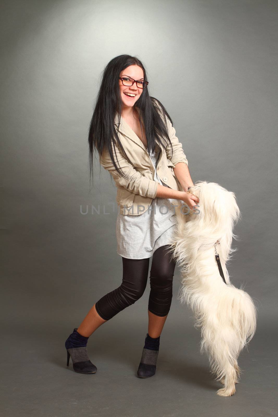 The beautiful brunette wearing spectacles with a white shaggy doggie on a gray background