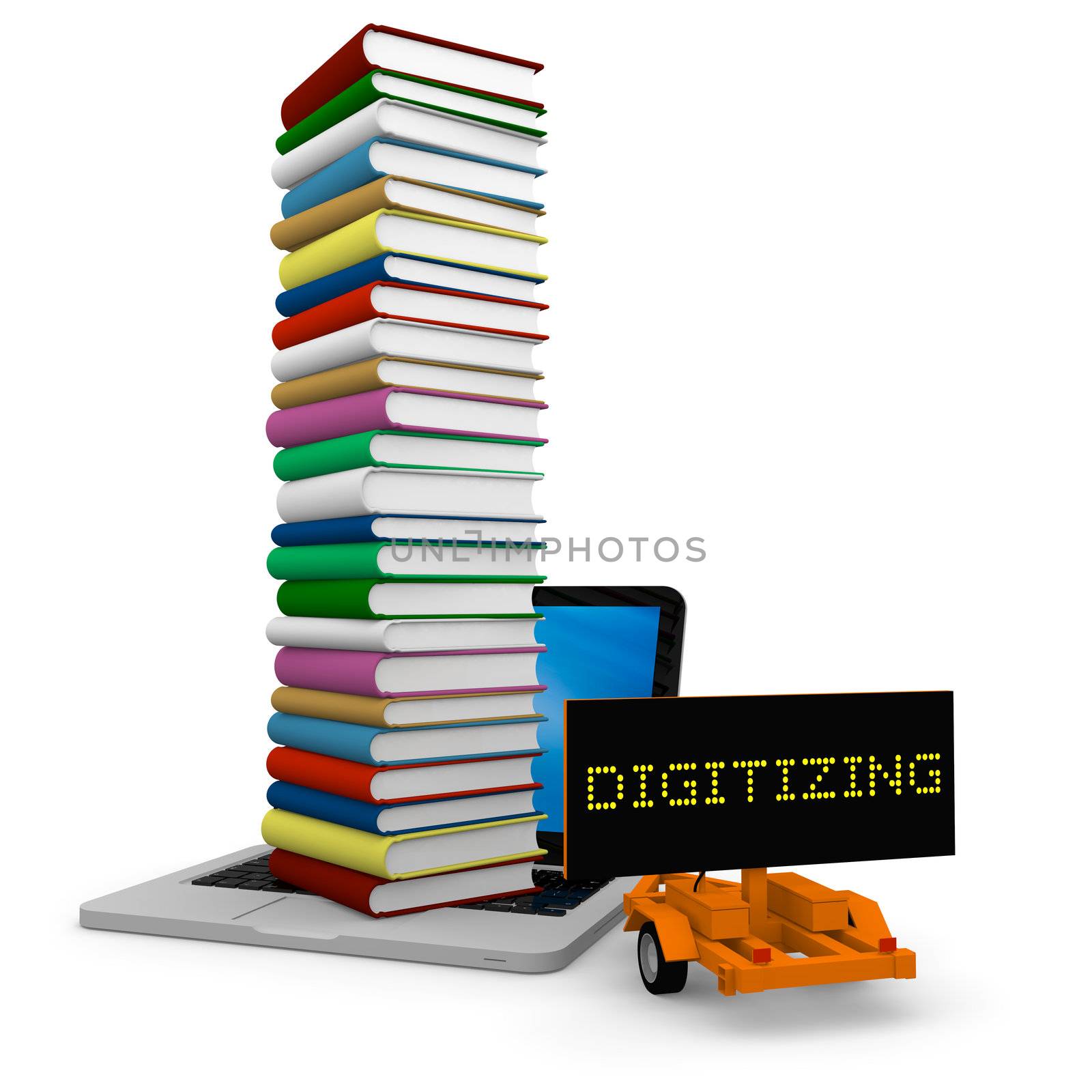Tall pile of colourful books on the top of a laptop and a cart with sign DIGITIZING