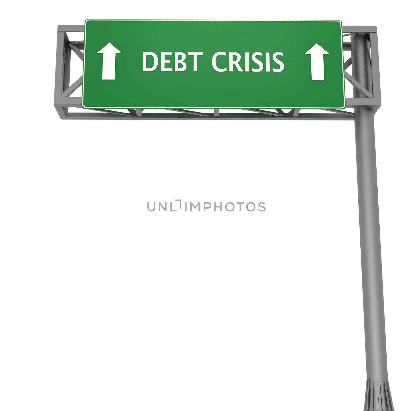 Highway signboard pointing forward displaying DEBT CRISIS