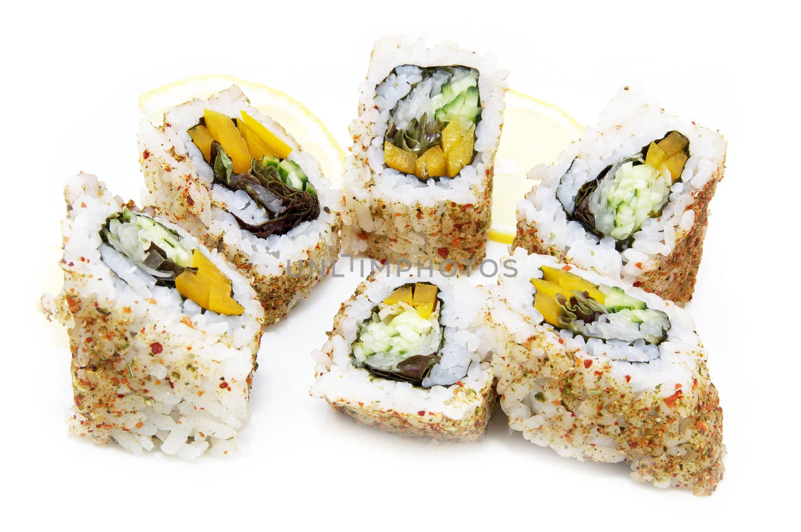 Japanese sushi fish and seafood on white background