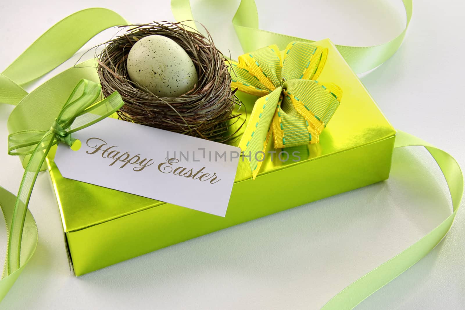 Gift, card and egg in nest for Easter by Sandralise
