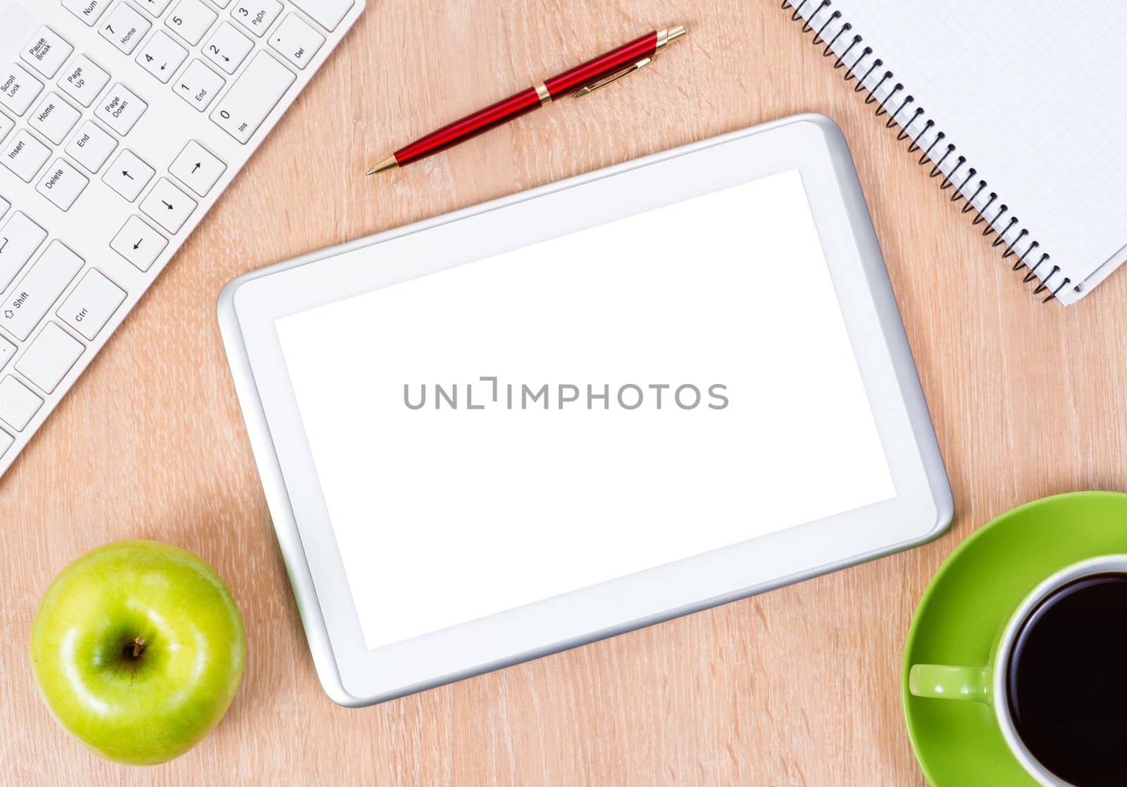 pc keyboard, pen, coffee and notepad, workplace businessman