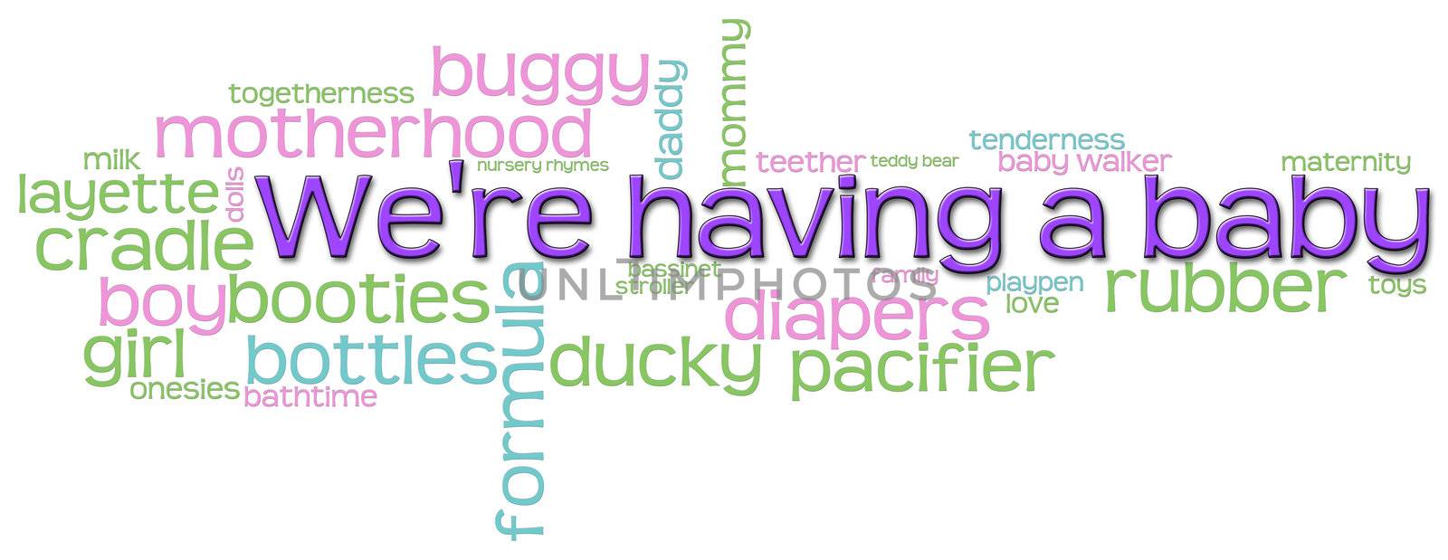 Word cloud announcing "We're having a baby" 