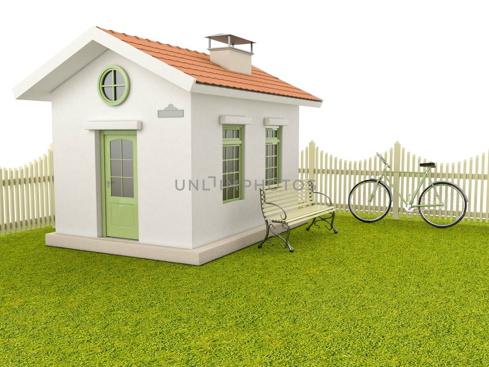House on the green lawn, fence, bench and a bicycle