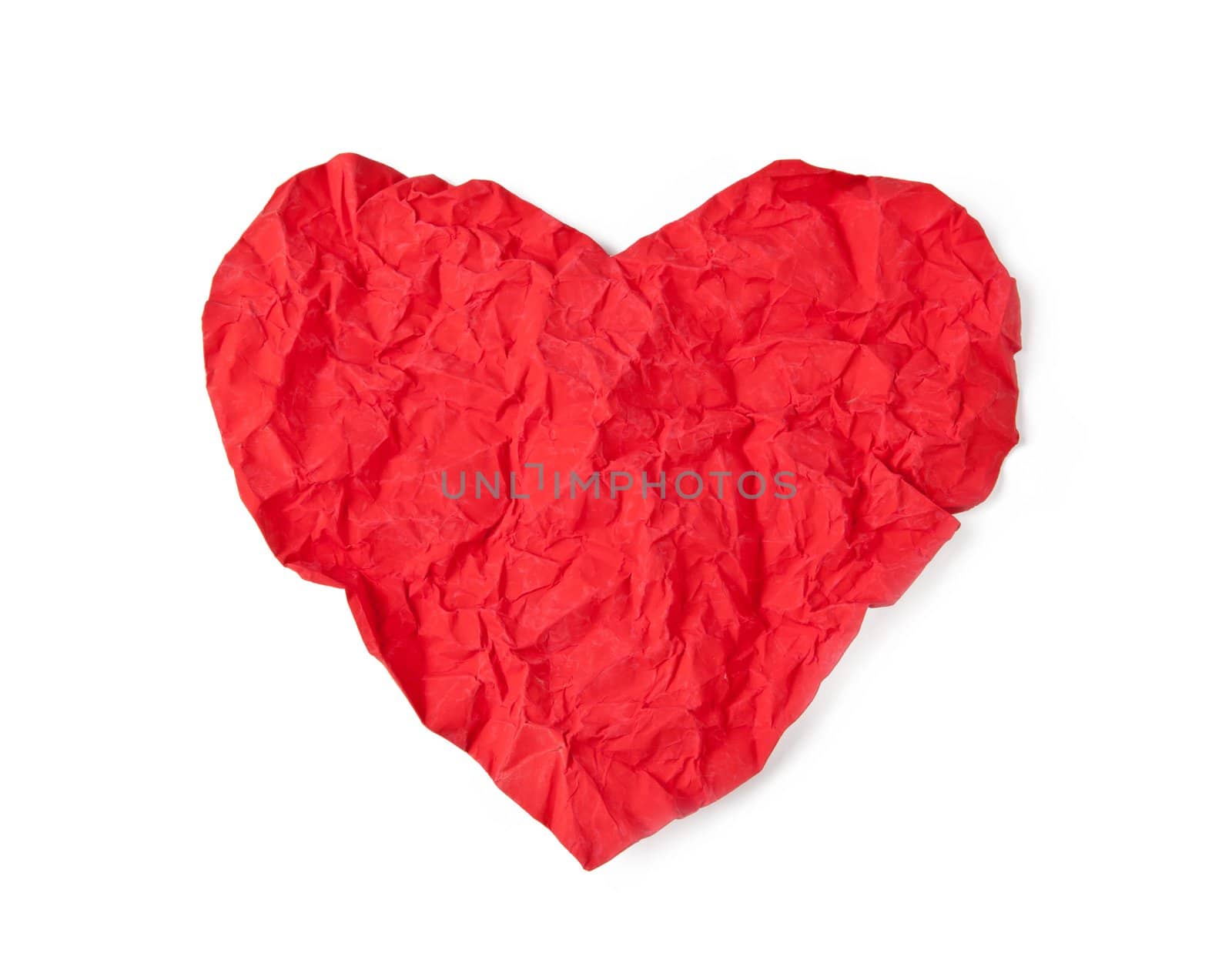 Red crumpled paper heart isolated on white background