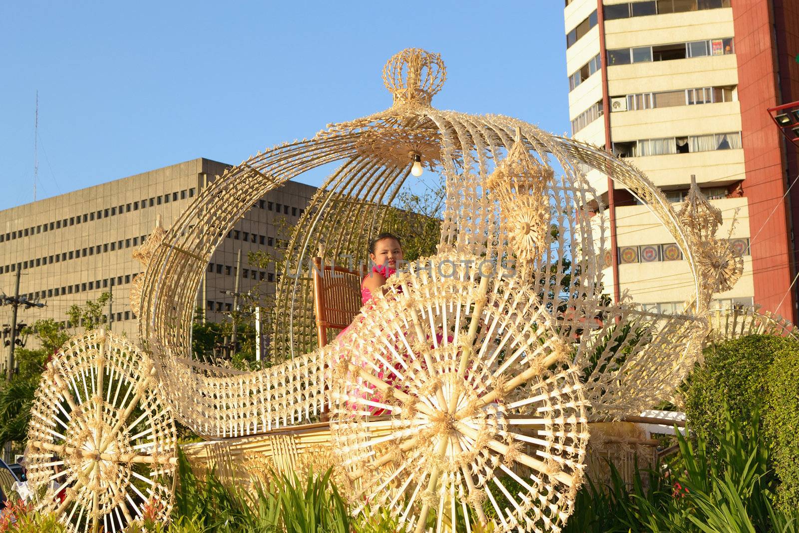 MANILA, PHILIPPINES - APR. 14: parade contestant in her cultural outfit smiles during Aliwan Fiesta, which is the biggest annual national festival competition on April 14, 2012 in Manila Philippines.