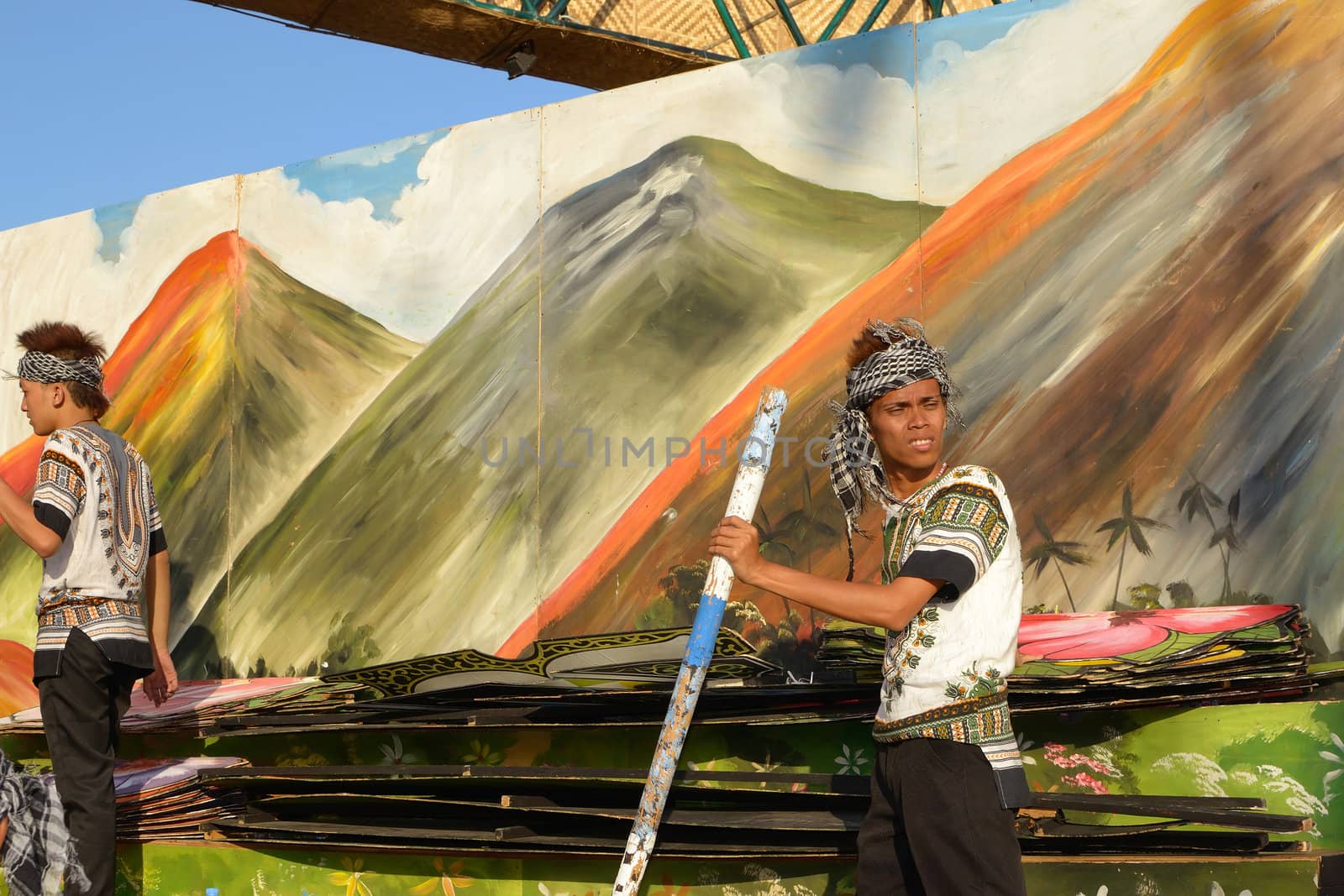 MANILA, PHILIPPINES - APR. 14: performer getting ready their props during Aliwan Fiesta, which is the biggest annual national festival competition on April 14, 2012 in Manila Philippines.