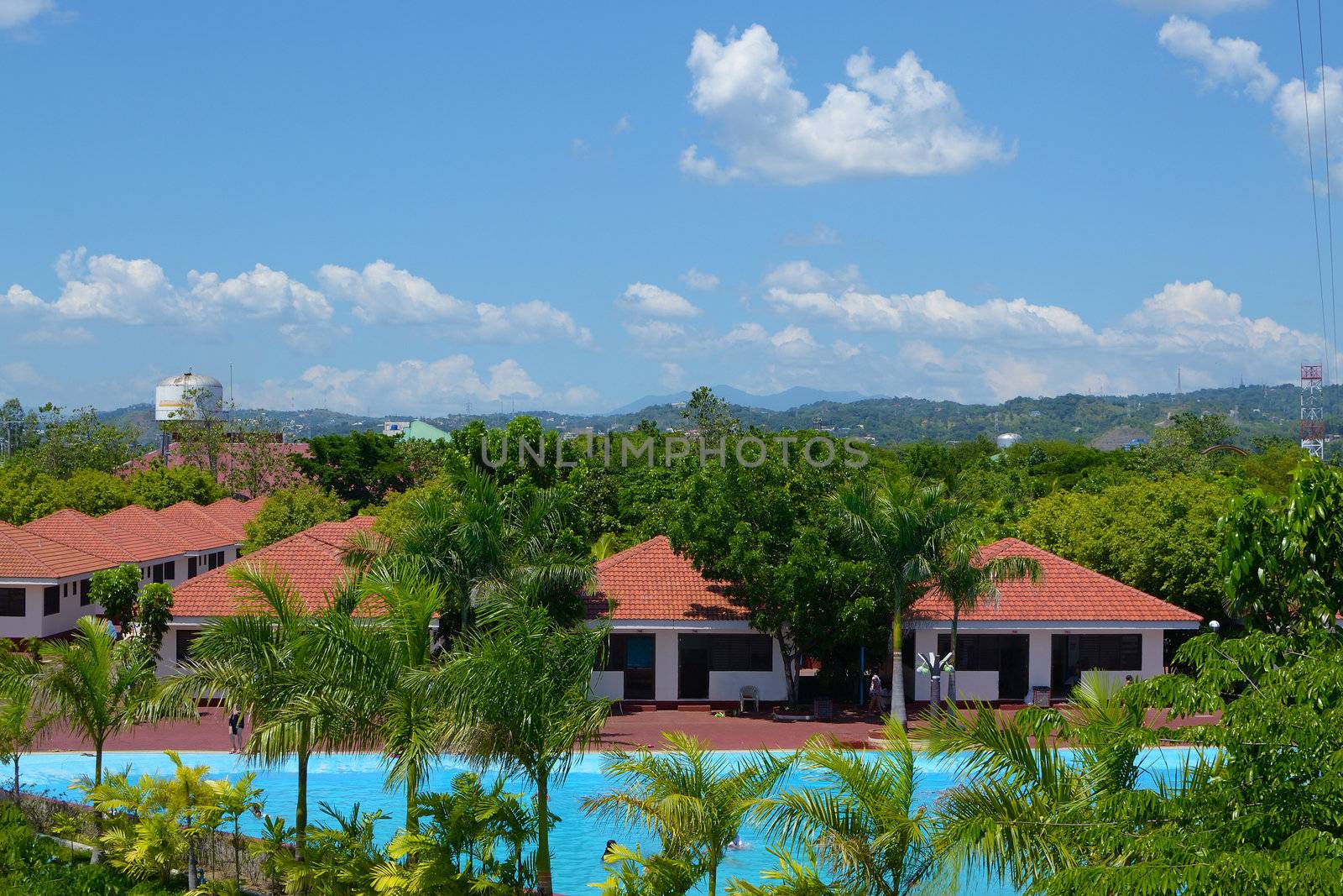 top view landscape of suburb clubhouse with swimming pool.