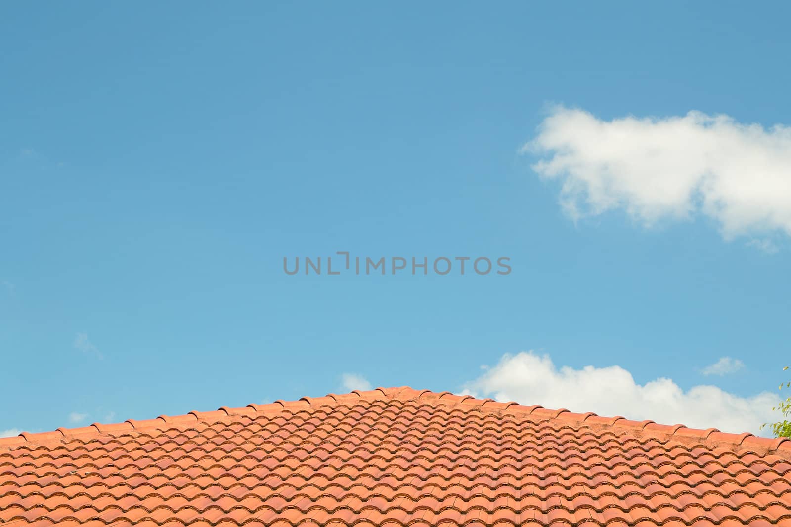 photo of a concrete tiled roof, roofing materials against blue sky.