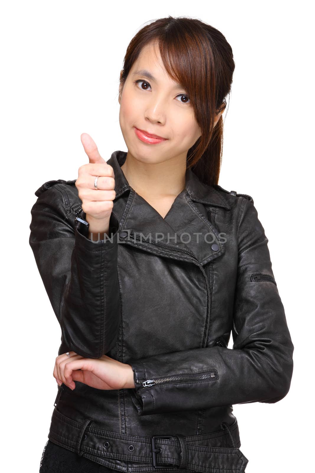 asian woman with thumb up over white background by leungchopan