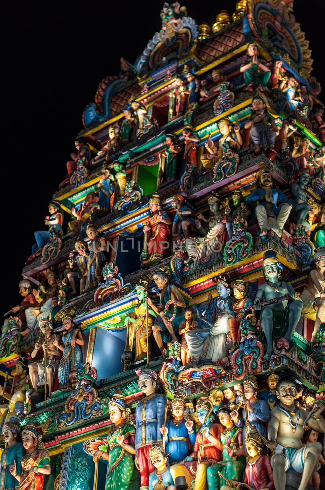 Detail of the Hindu Sri Mariamman Temple in Singapore at night