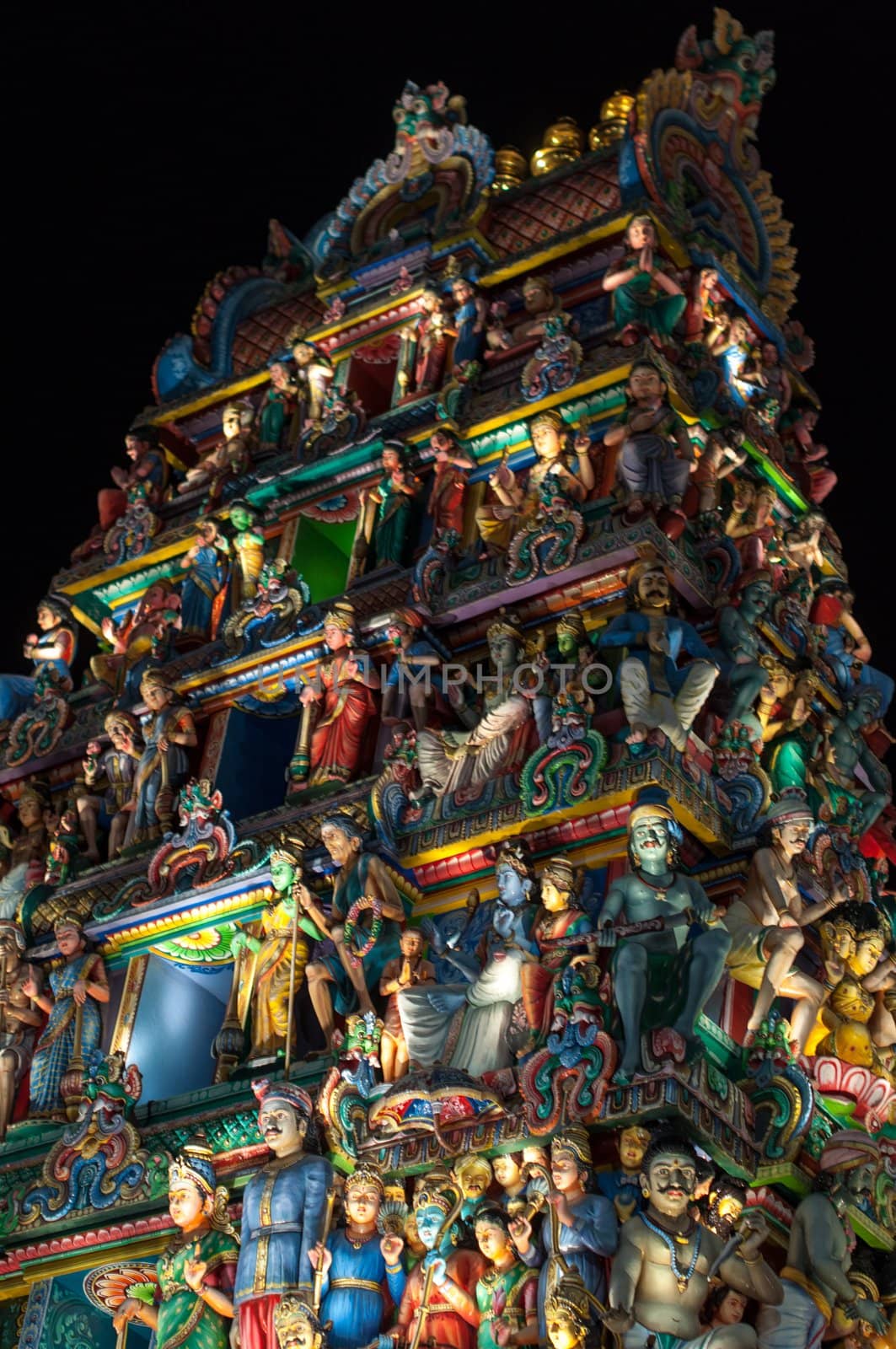 Detail of the Hindu Sri Mariamman Temple in Singapore at night