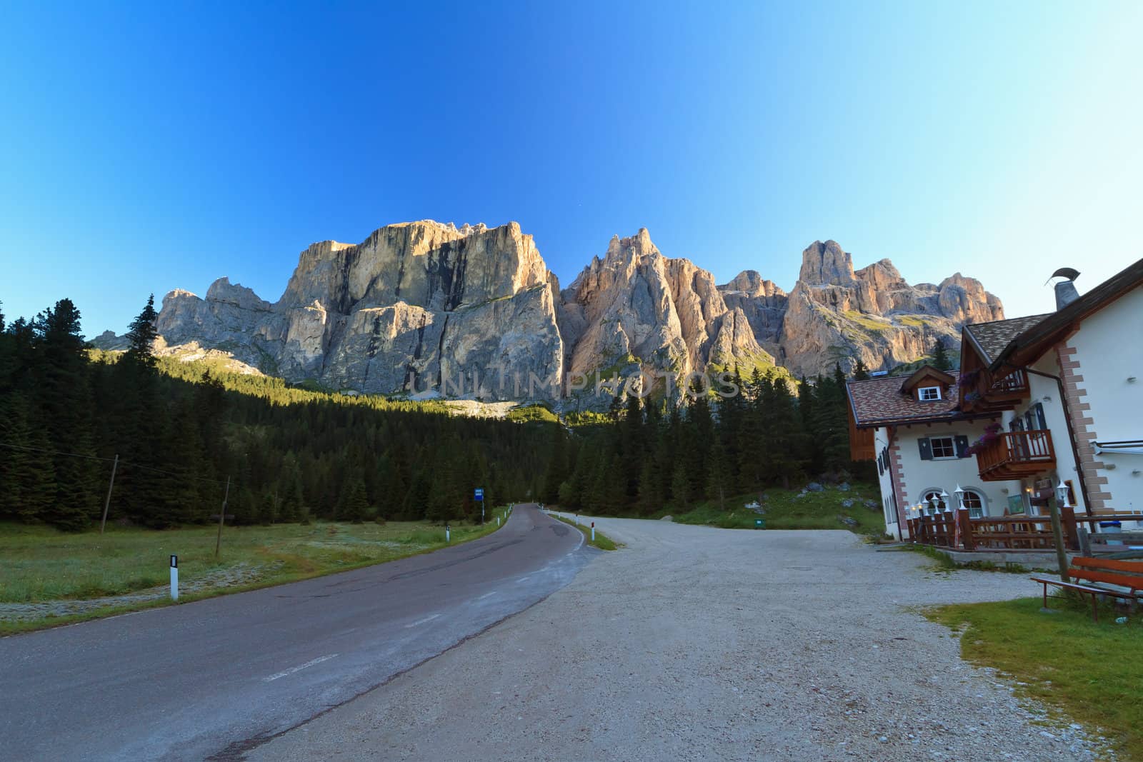 summer view of Sella group at morning, Italian Dolomites