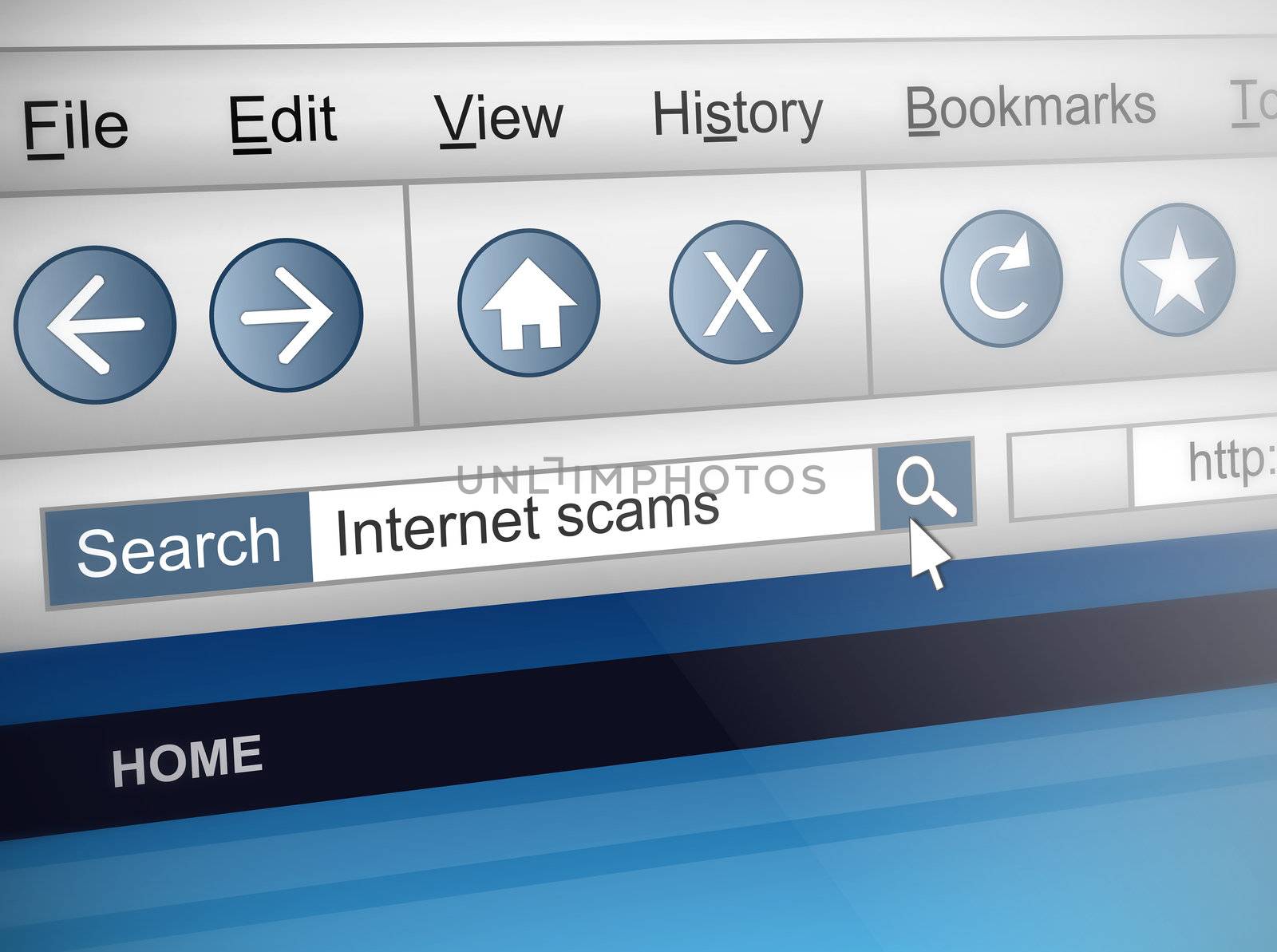 Illustration depicting a computer screen shot with an internet scam search concept.