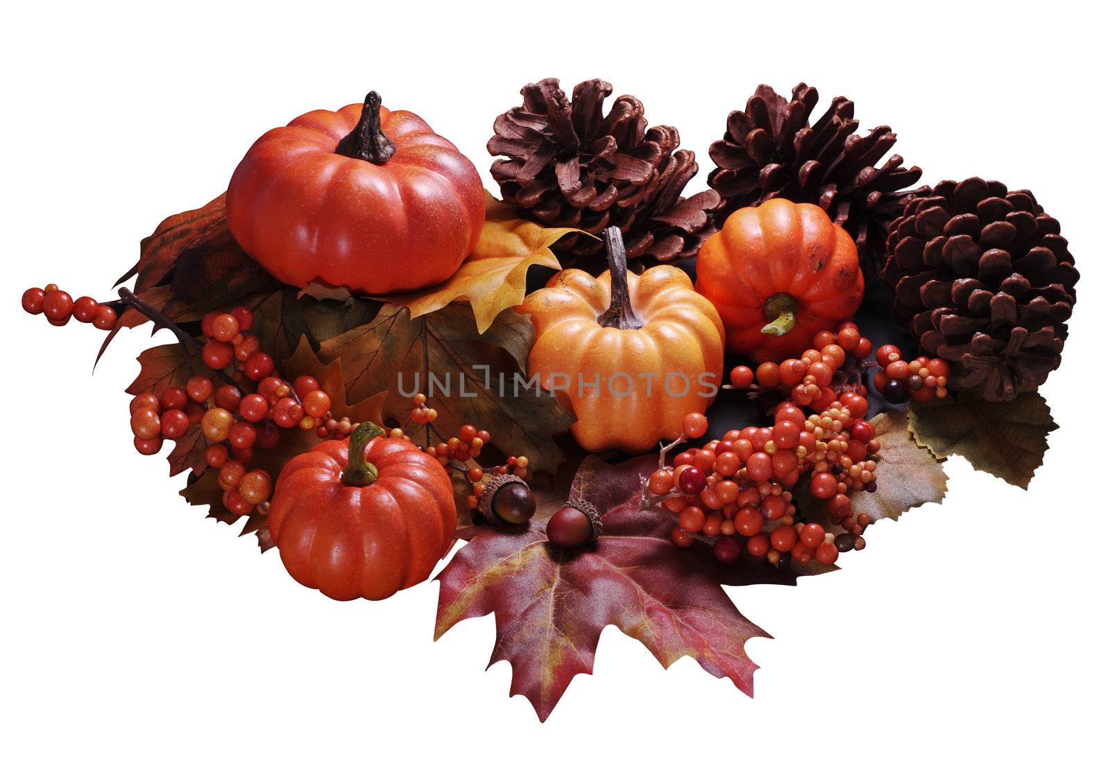 Pumpkins, autumn leaves, berries, and pinecones make up this fall arrangement.  Isolated on white.
