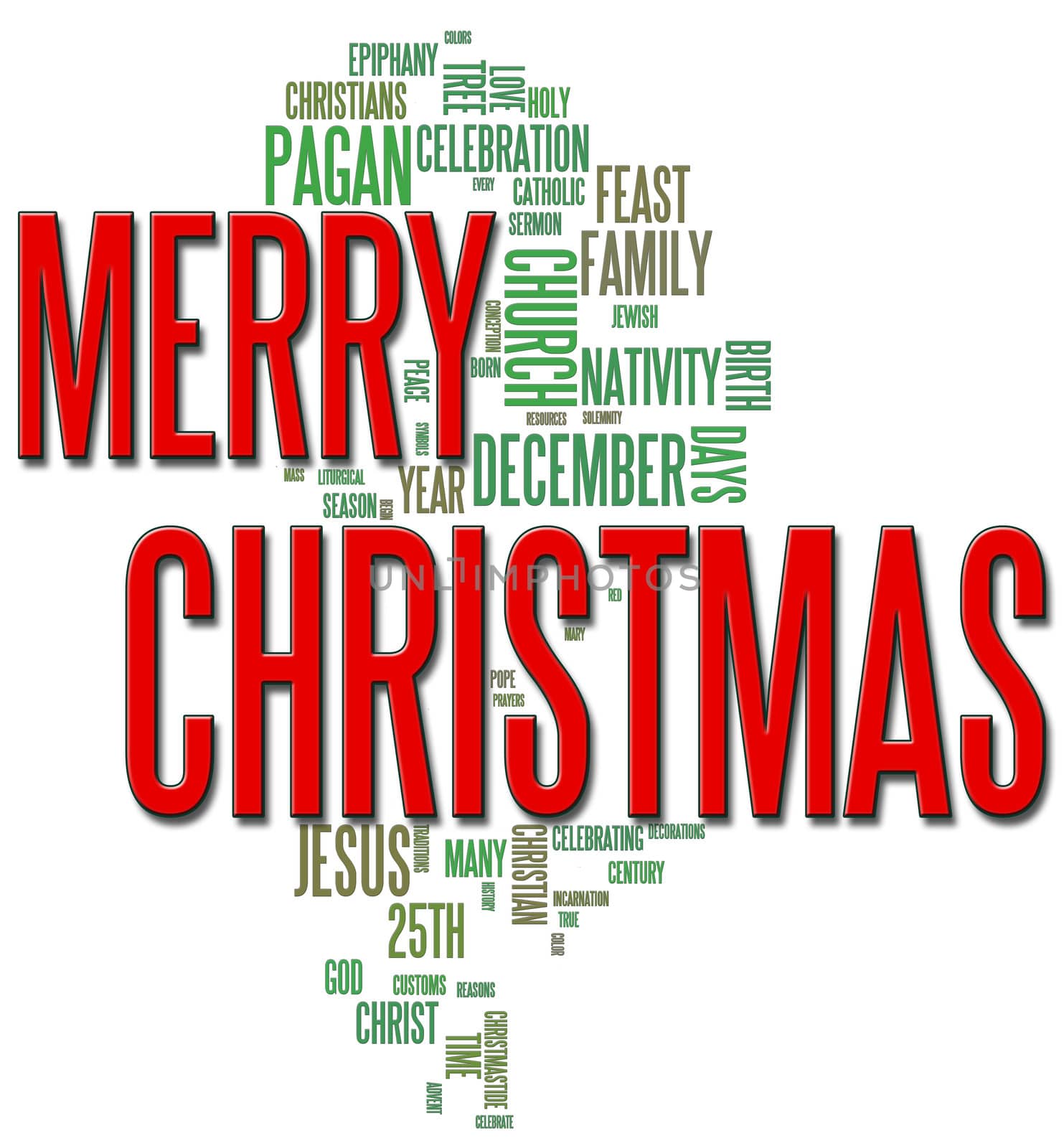 Merry Christmas themed word cloud in red and green