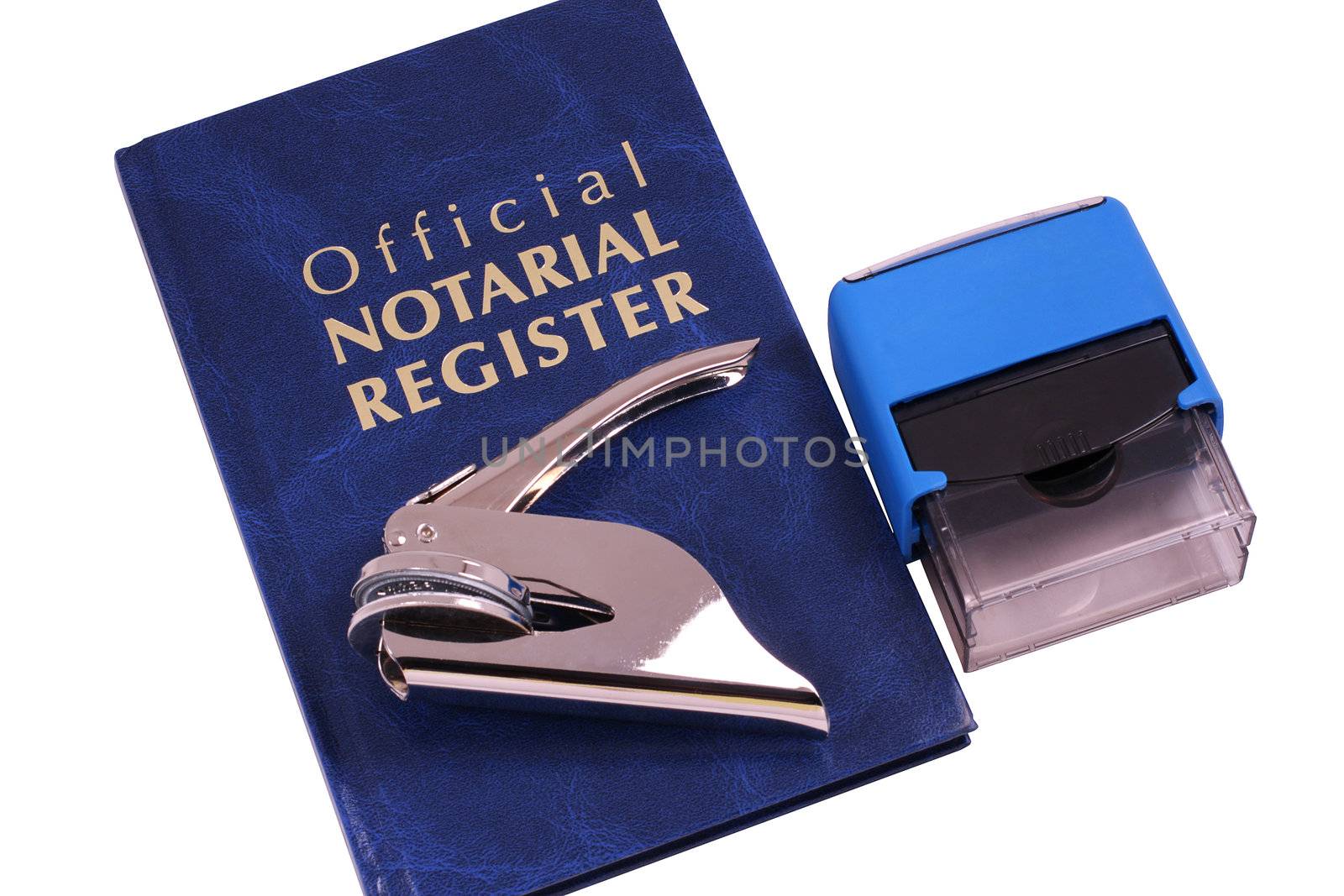 An Official Nortarial Register with embosser and stamp for notary on white background