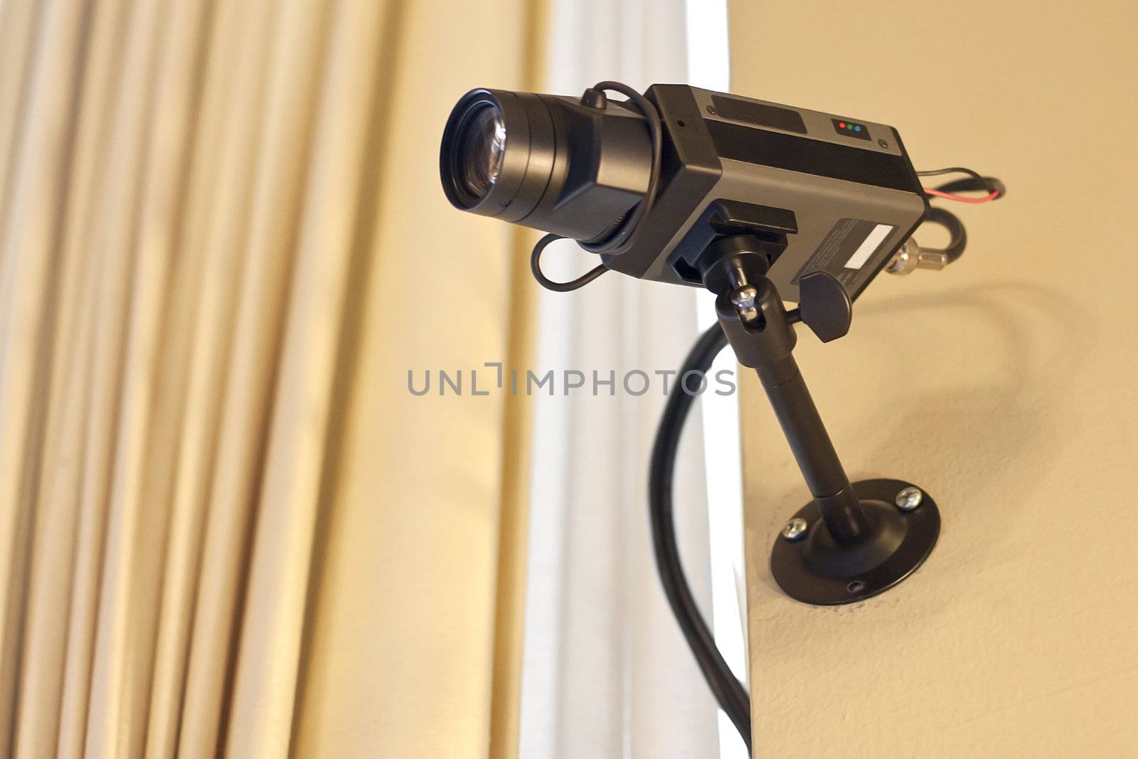 A security camera records inside a building