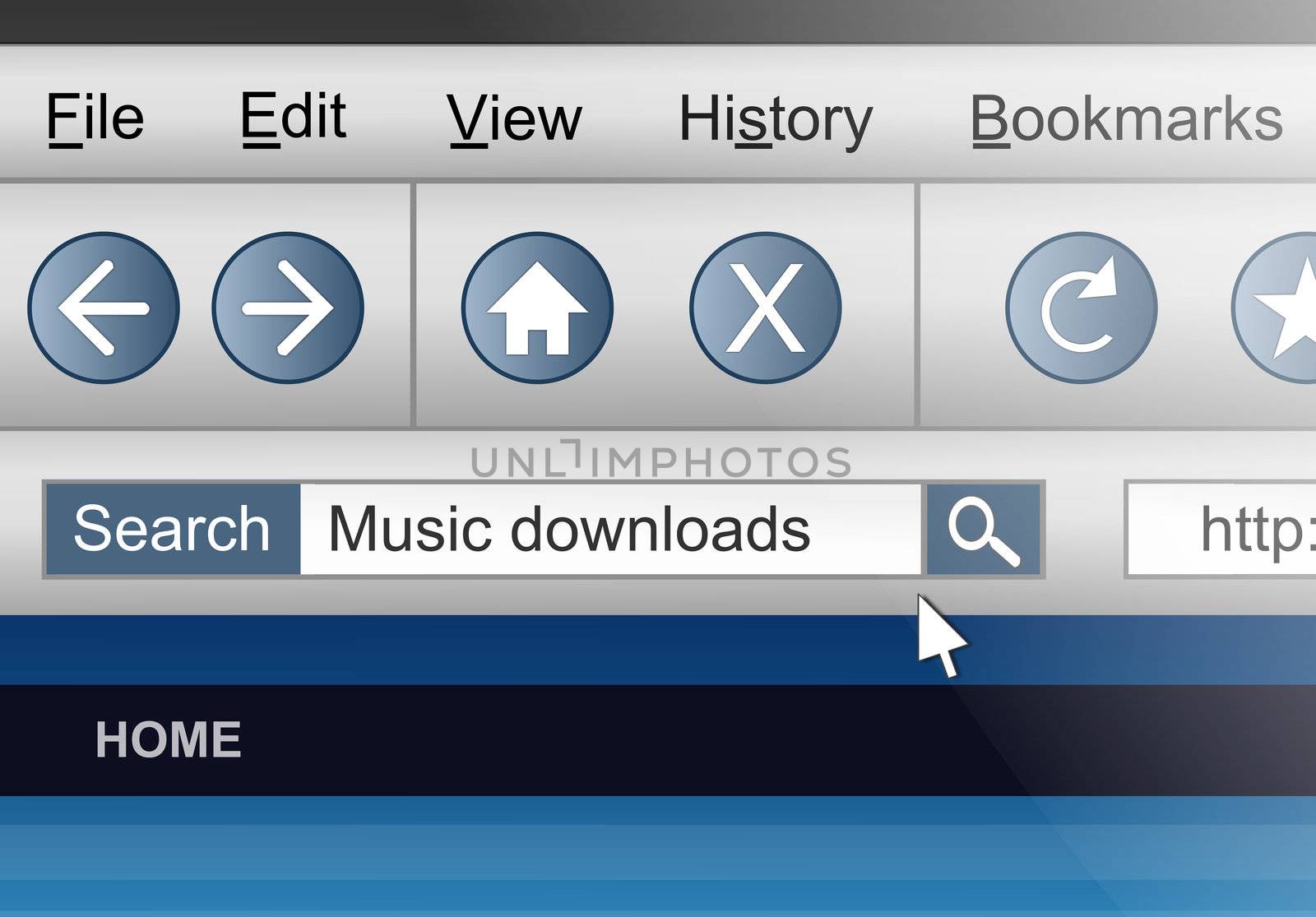Illustration depicting a computer screen shot with a downloading music search concept.
