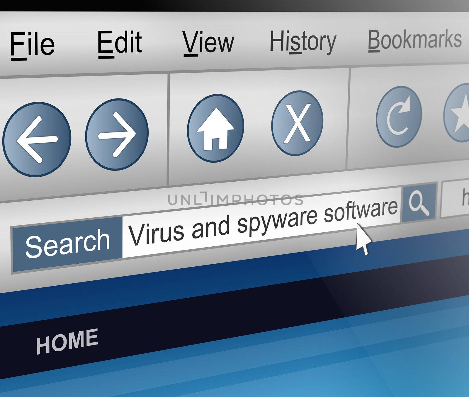 Illustration depicting a computer screen shot with an antivirus software search theme.