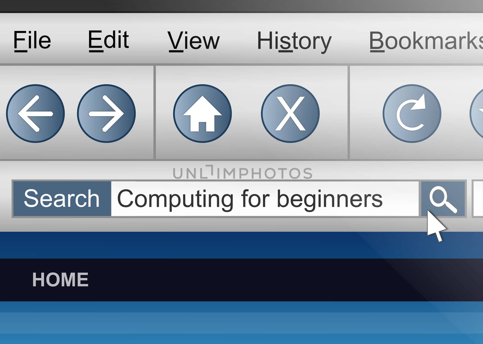 Illustration depicting a computer screen shot with a computers for beginners search concept.