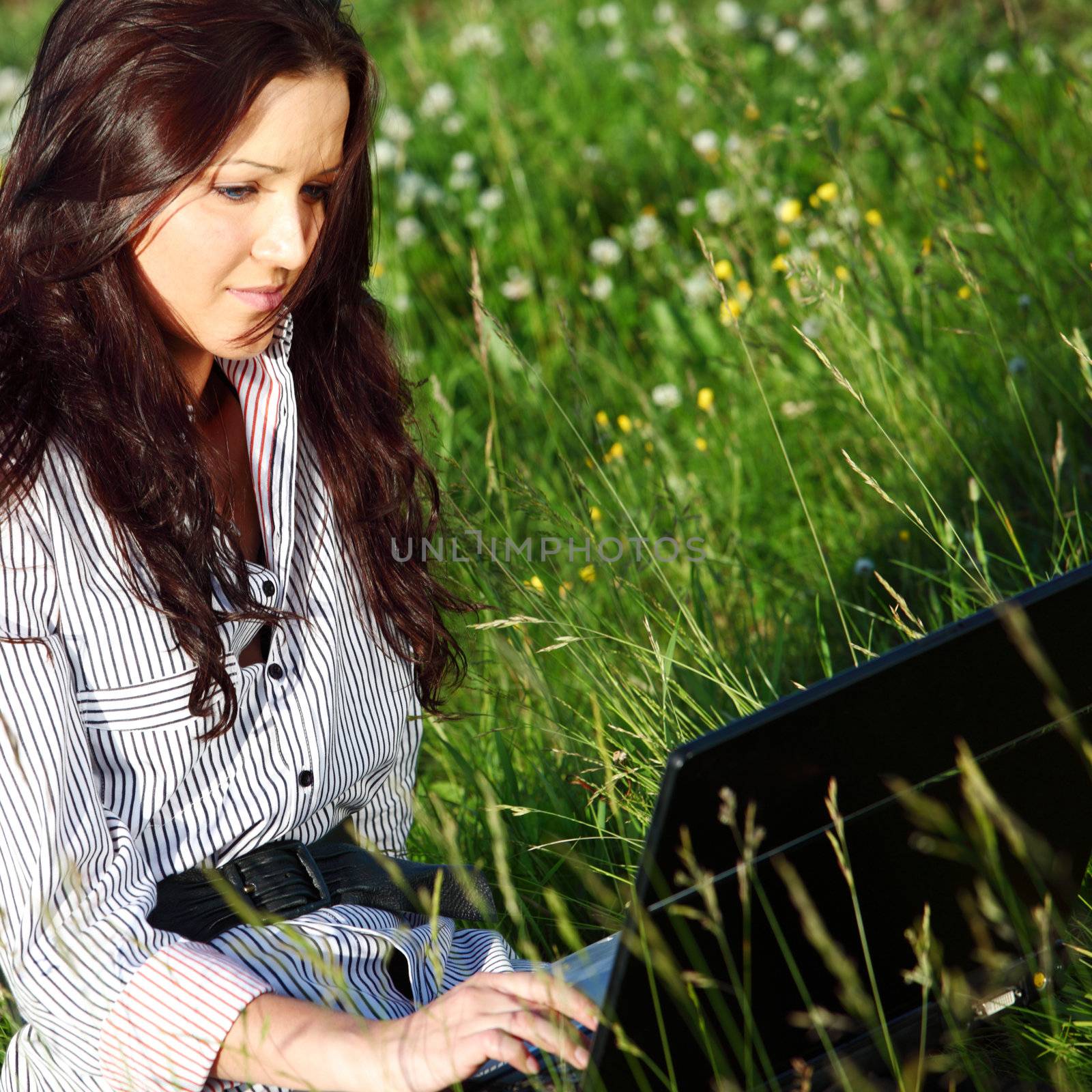 woman on green field work on laptop