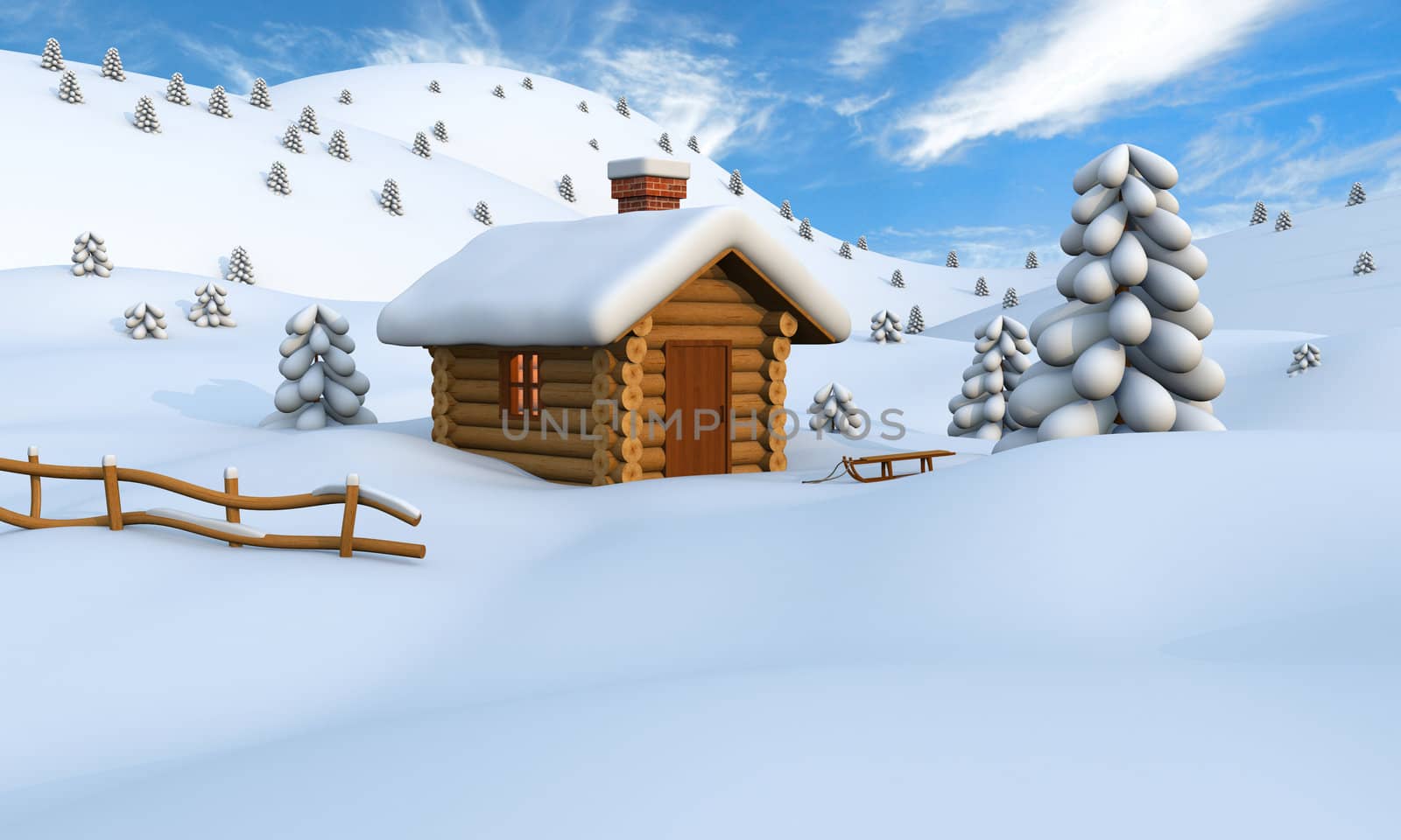 3D illustration of a cute little wooden hut in the middle of snowy countryside