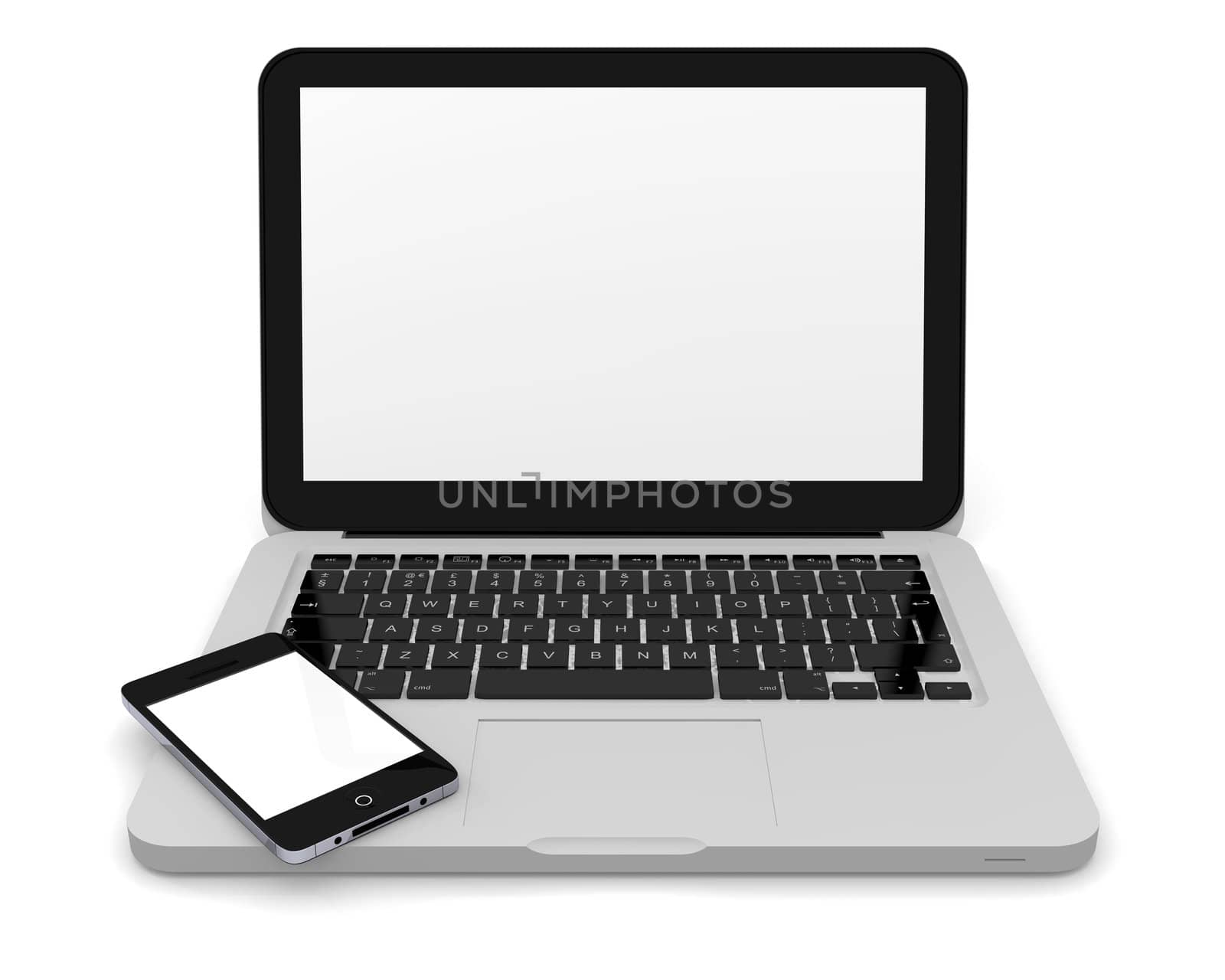 Smartphone on the top of laptop, both with blank screens, on white background
