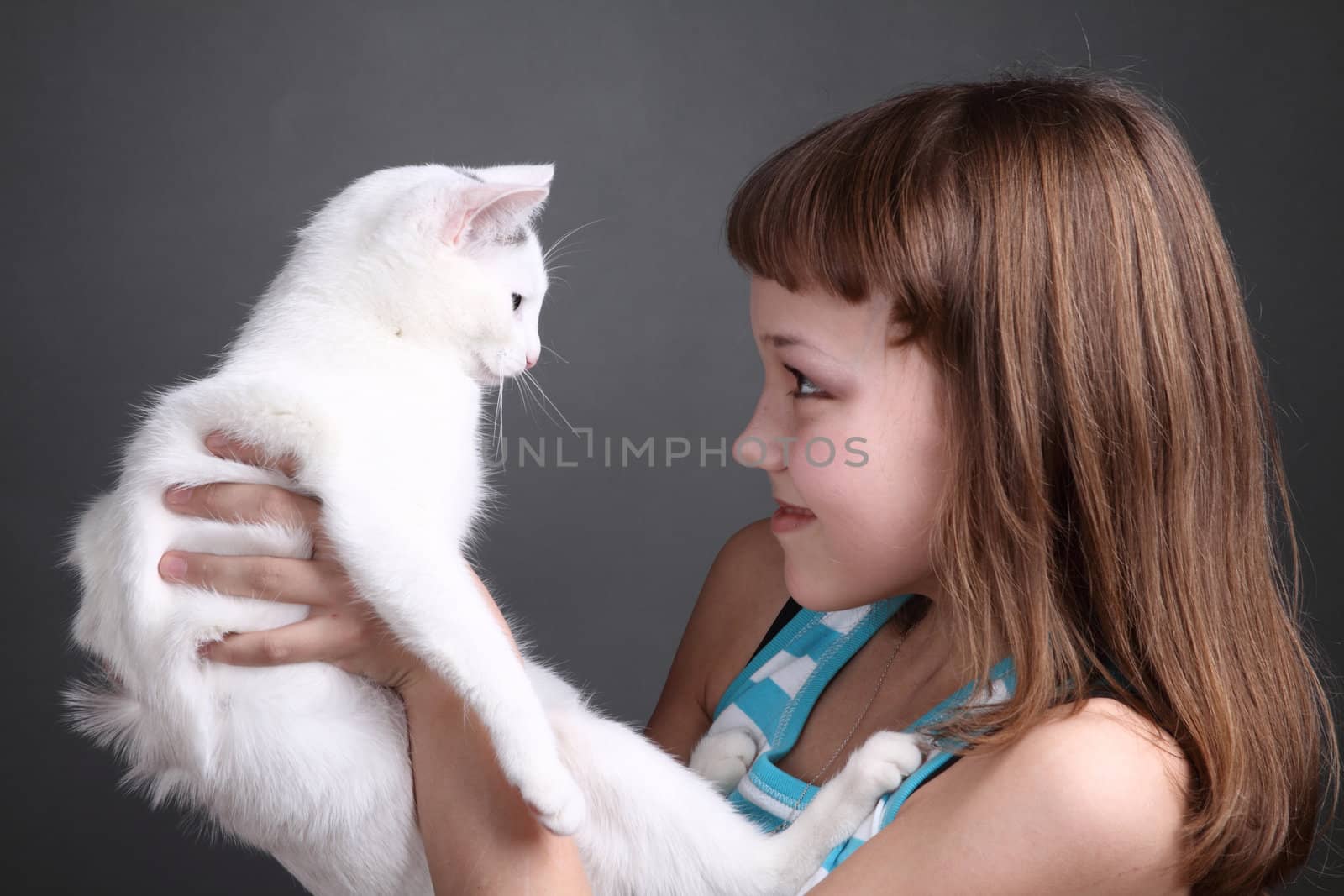 the girl and white cat play. close up. double 13