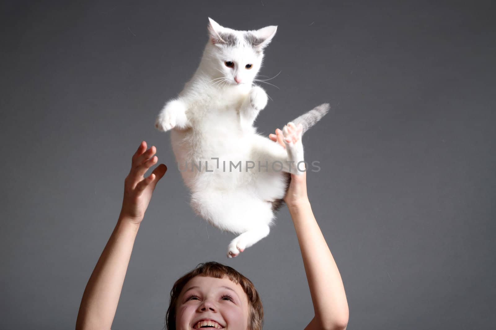 the girl and white cat play. close up. double 14