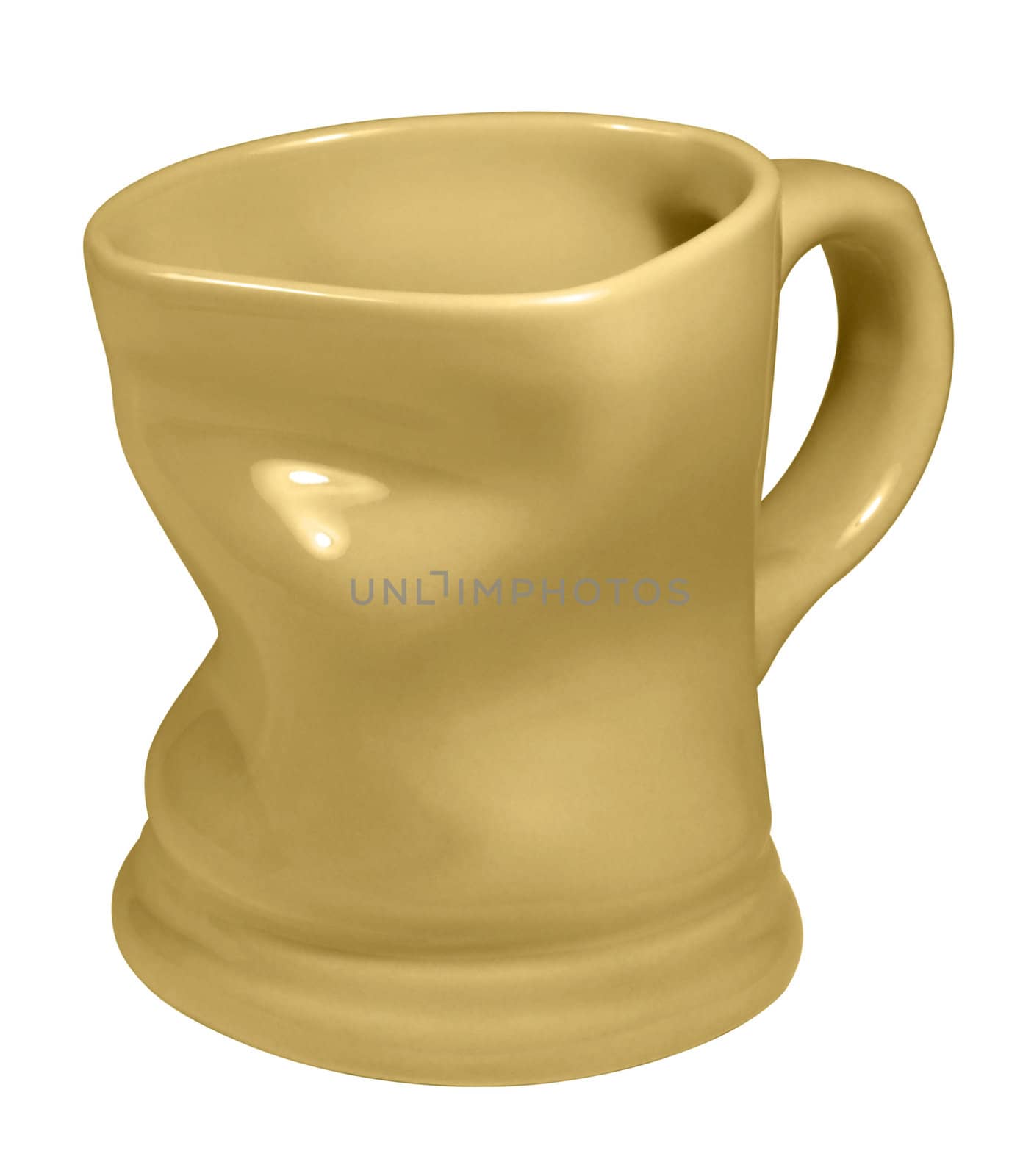 studio photography of a dented yellow porcelain cup isolated on white
