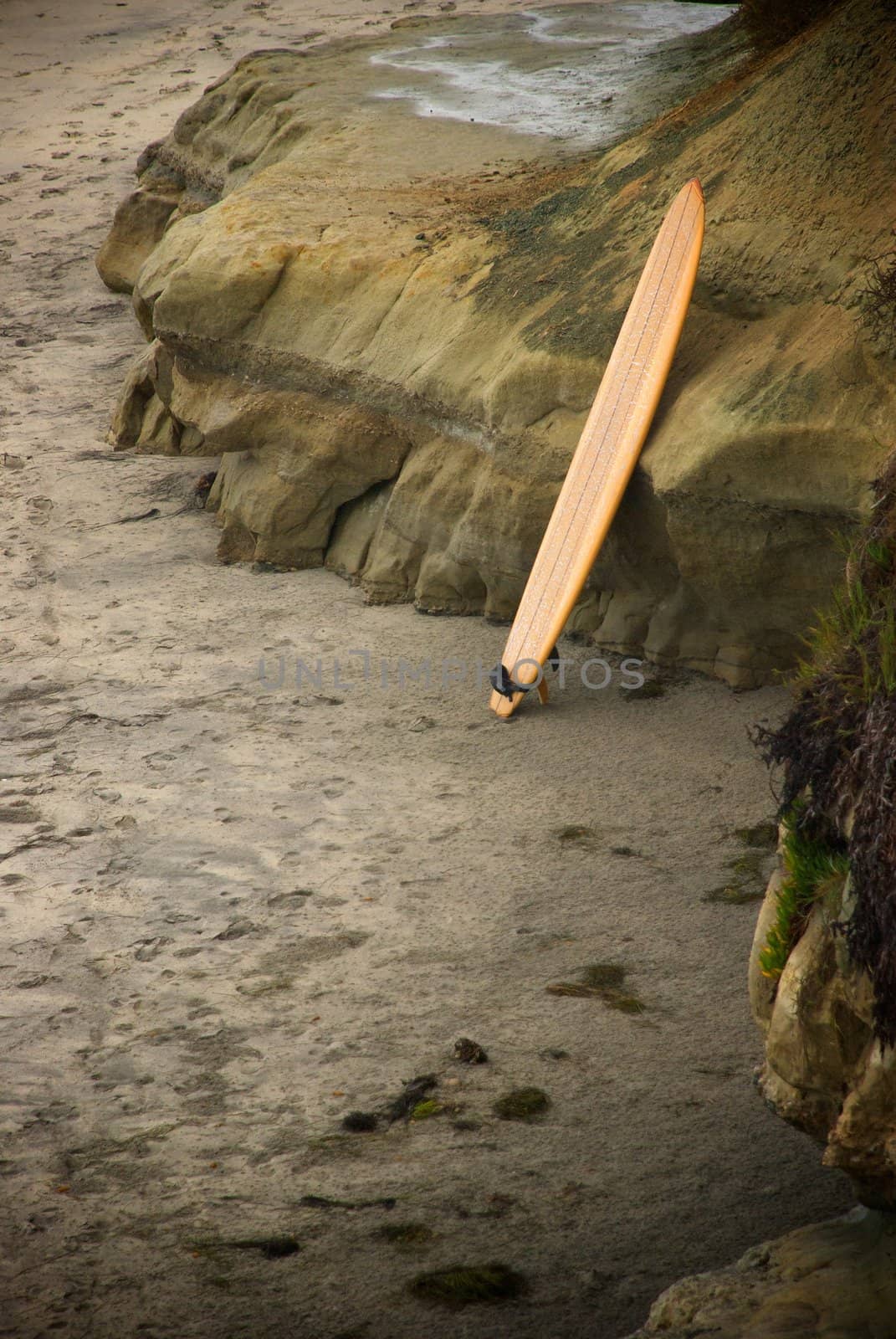 A single surfboard stands against colorful rocks in the stand