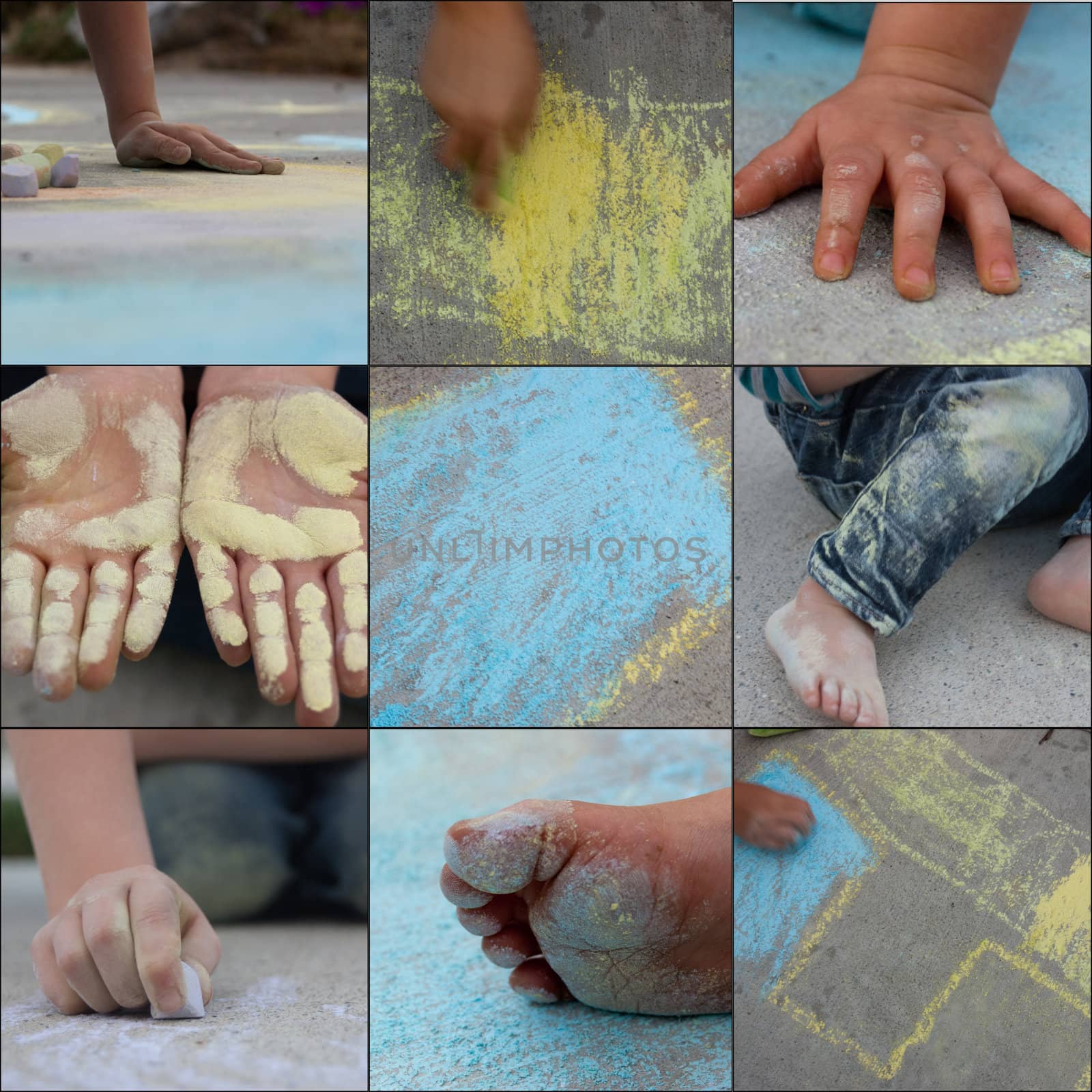 collage of fun with sidewalk chalk, very colorful