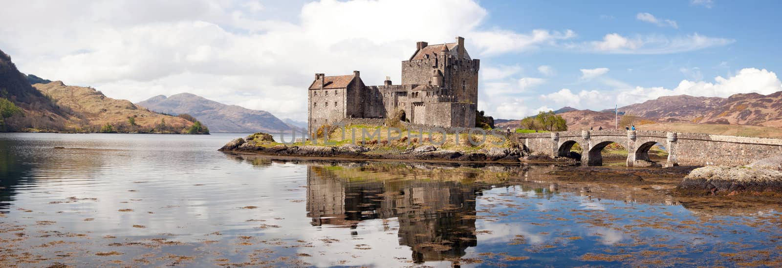 Panorama Reflection of Eilean Donan Castle, Highland Scotland.