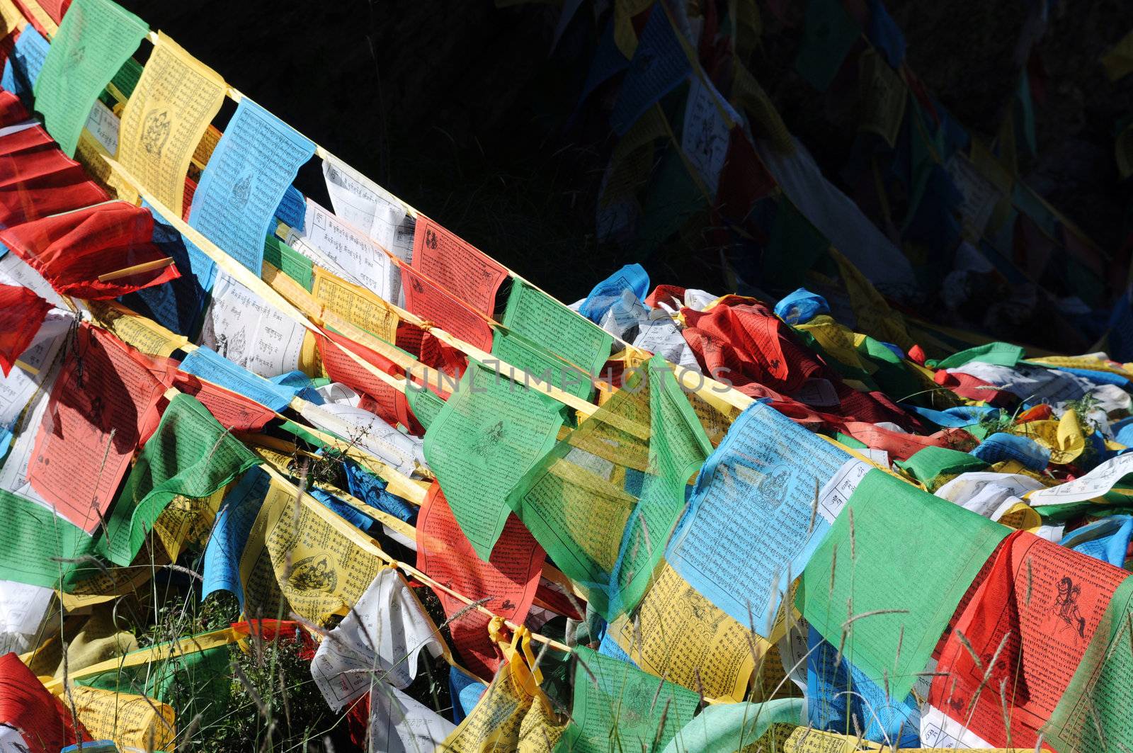 View of colorful prayer flags in Tibet